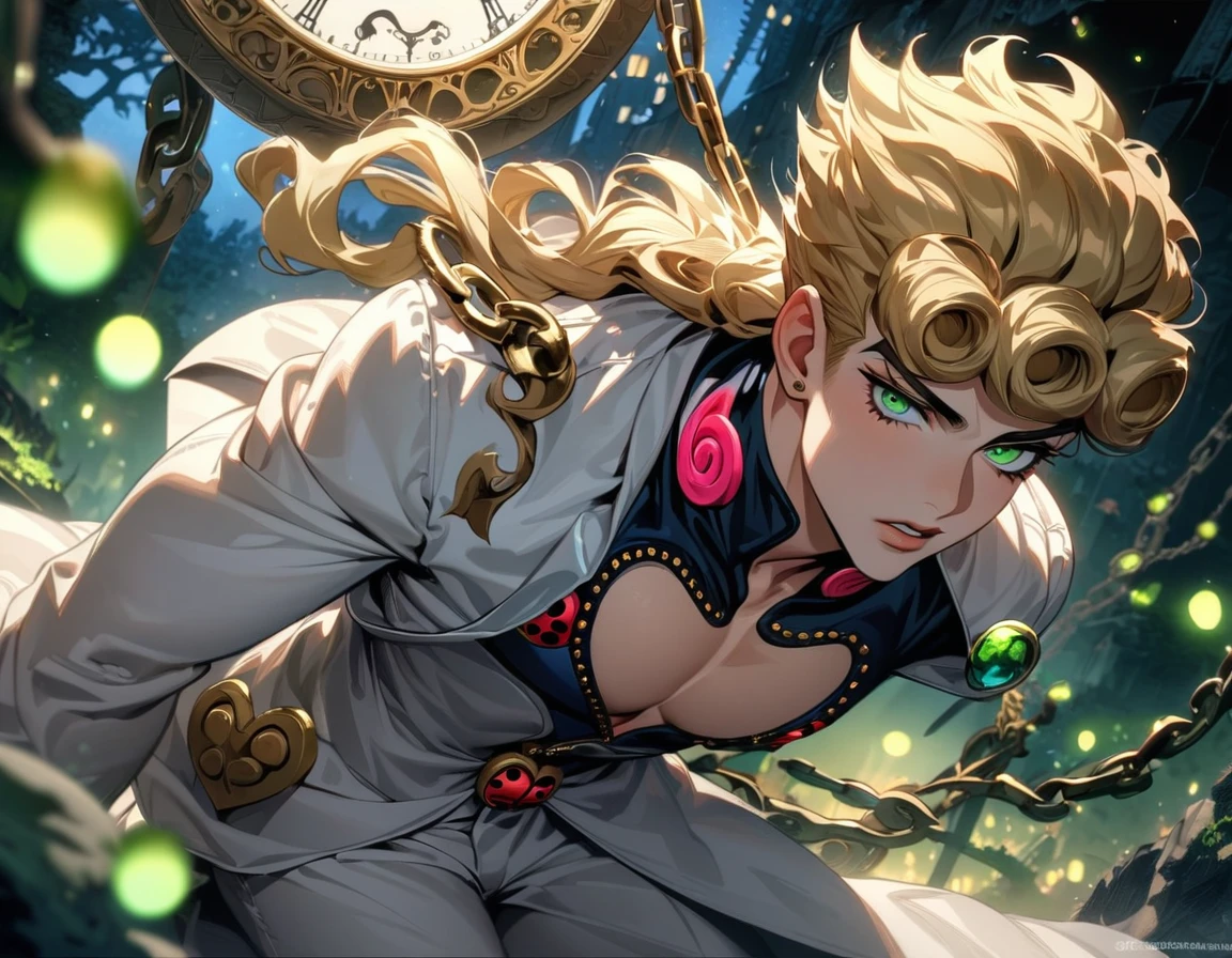 absurdres, highres, ultra detailed, HDR, master piece, best quality, extremely detailed face and eyes, perfect face, Giorno Giovanna, expressive green eyes, blond hair, jojo bizarre adventure, solo, sexy man, handsome, white coat, black tight shirt, clock mechanical moon, fantasy, chains, fireflies, in wonderland