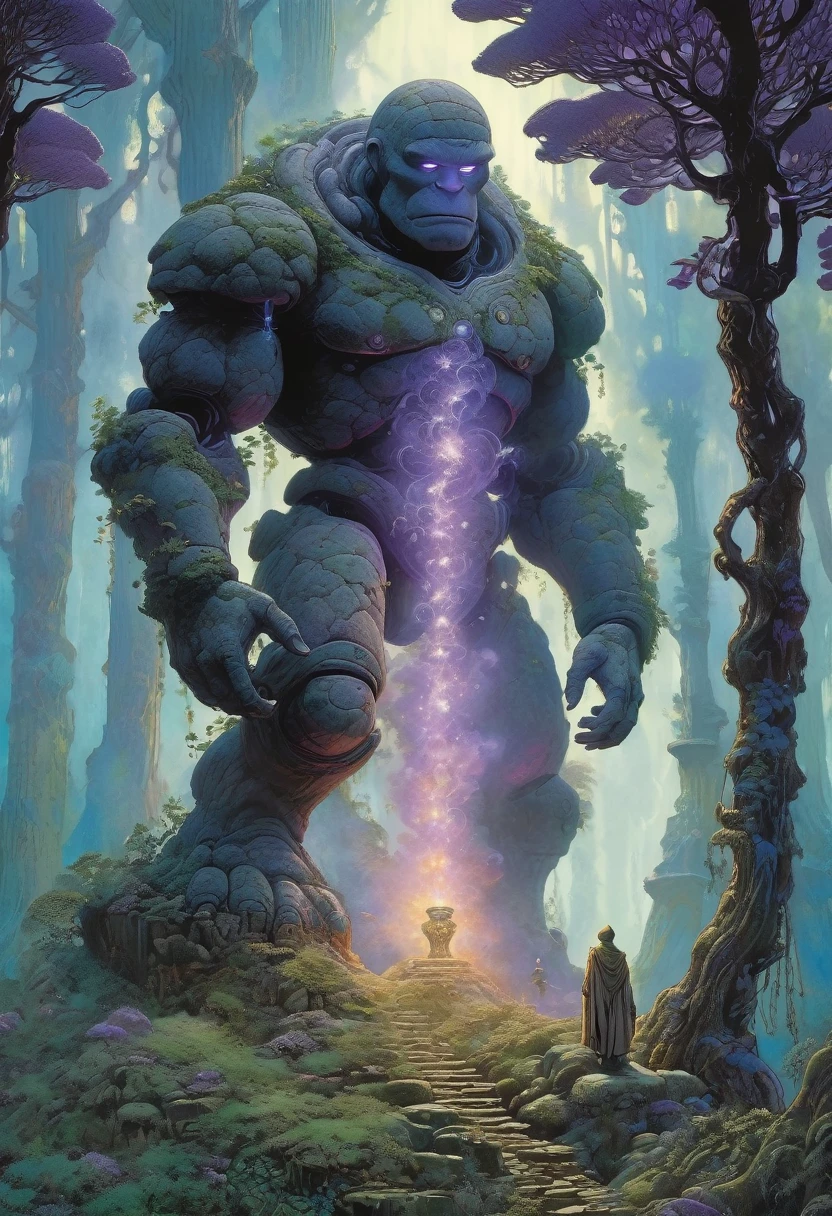(best quality,4k,8k,highres,masterpiece:1.2),ultra-detailed,(realistic,photorealistic,photo-realistic:1.37),golem, made of marble and vines, alchemy, hermeticism,ancient,weathered stone,meticulously carved,tangled vines,dark forest,small magical creatures,kodama, small forest spirits,(A guardian golem, with his open palms, is holding a bunch of little kodamas, the little forest spirits),(some kodama stand dancing on the palms of the golem, other are climbing the golem's shoulder),dappled sunlight,shadows and light,subtle gradients,rich earthy colors,concept art inspired by Jean Giraud Moebius,ethereal glow,elaborate inscriptions,symbols of mystery and alchemy,mystical fog,solemn expression,eyes glowing with purple light,steampunk accents,gear-shaped designs,magic emanating from its core,protective guardian,imposing stature,ominous aura,secrets of the universe,harnessing the power of nature,ancient wisdom emerging from nature's embrace,transcendence of life and death,magical aura radiating from within., Yoshitaka Amano style