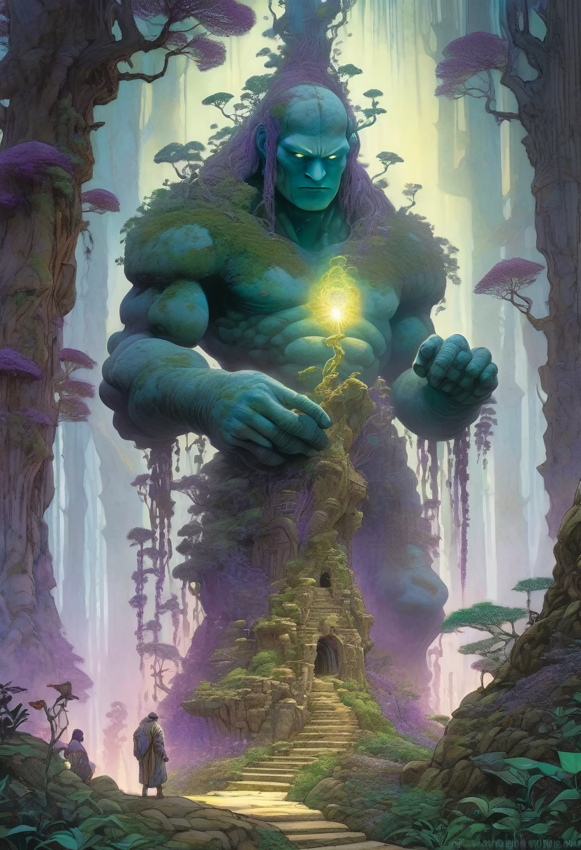 (best quality,4k,8k,highres,masterpiece:1.2),ultra-detailed,(realistic,photorealistic,photo-realistic:1.37),golem, made of marble and vines, alchemy, hermeticism,ancient,weathered stone,meticulously carved,tangled vines,dark forest,small magical creatures,kodama, small forest spirits,(A guardian golem, with his open palms, is holding a bunch of little kodamas, the little forest spirits),(some kodama stand dancing on the palms of the golem, other are climbing the golem's shoulder),dappled sunlight,shadows and light,subtle gradients,rich earthy colors,concept art inspired by Jean Giraud Moebius,ethereal glow,elaborate inscriptions,symbols of mystery and alchemy,mystical fog,solemn expression,eyes glowing with purple light,steampunk accents,gear-shaped designs,magic emanating from its core,protective guardian,imposing stature,ominous aura,secrets of the universe,harnessing the power of nature,ancient wisdom emerging from nature's embrace,transcendence of life and death,magical aura radiating from within., Yoshitaka Amano style