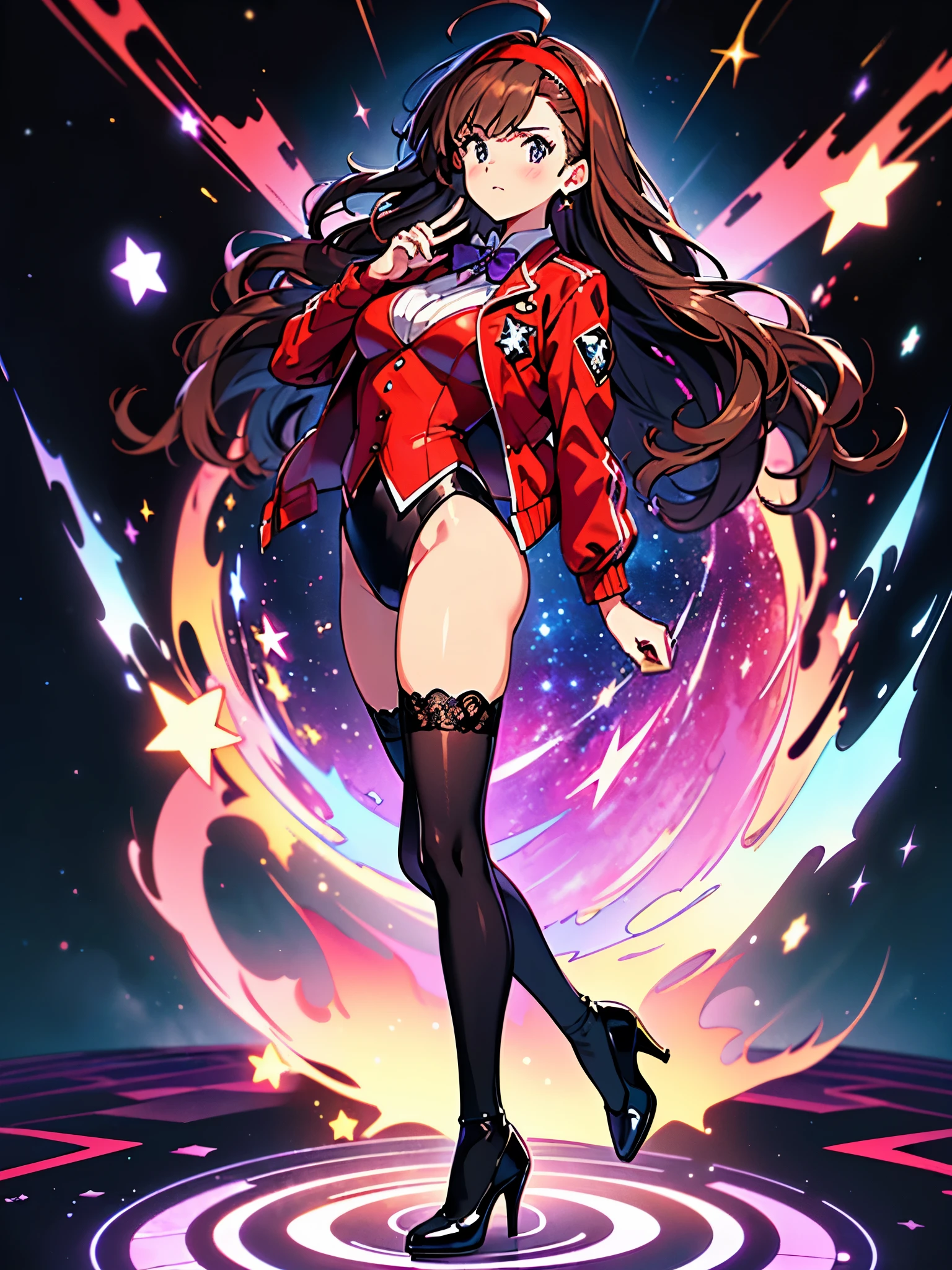 ((masterpiece)), ((best quality)), ((high res)), 3D anime style, solo, solo focus, Woman with brown eyes, age 21 (medium hair, dark brown hair, wavy hair, red hairband), ahoge, ((white blouse with black stars, vest, suit jacket, opened jacket, red jacket with stars)), (leotard, black leotard, bare legs, black thigh-highs, high-heel shoes, matching footwear), purple stellar energy around, cosmic power, cosmic shining power. purple eyes, beautiful detailed eyes, beautiful detailed face, cute face, (perfect hands, complete fingers), (perfect anatomy, perfect proportions). (casting a spell). full body costume design, full body, cowboy shot.