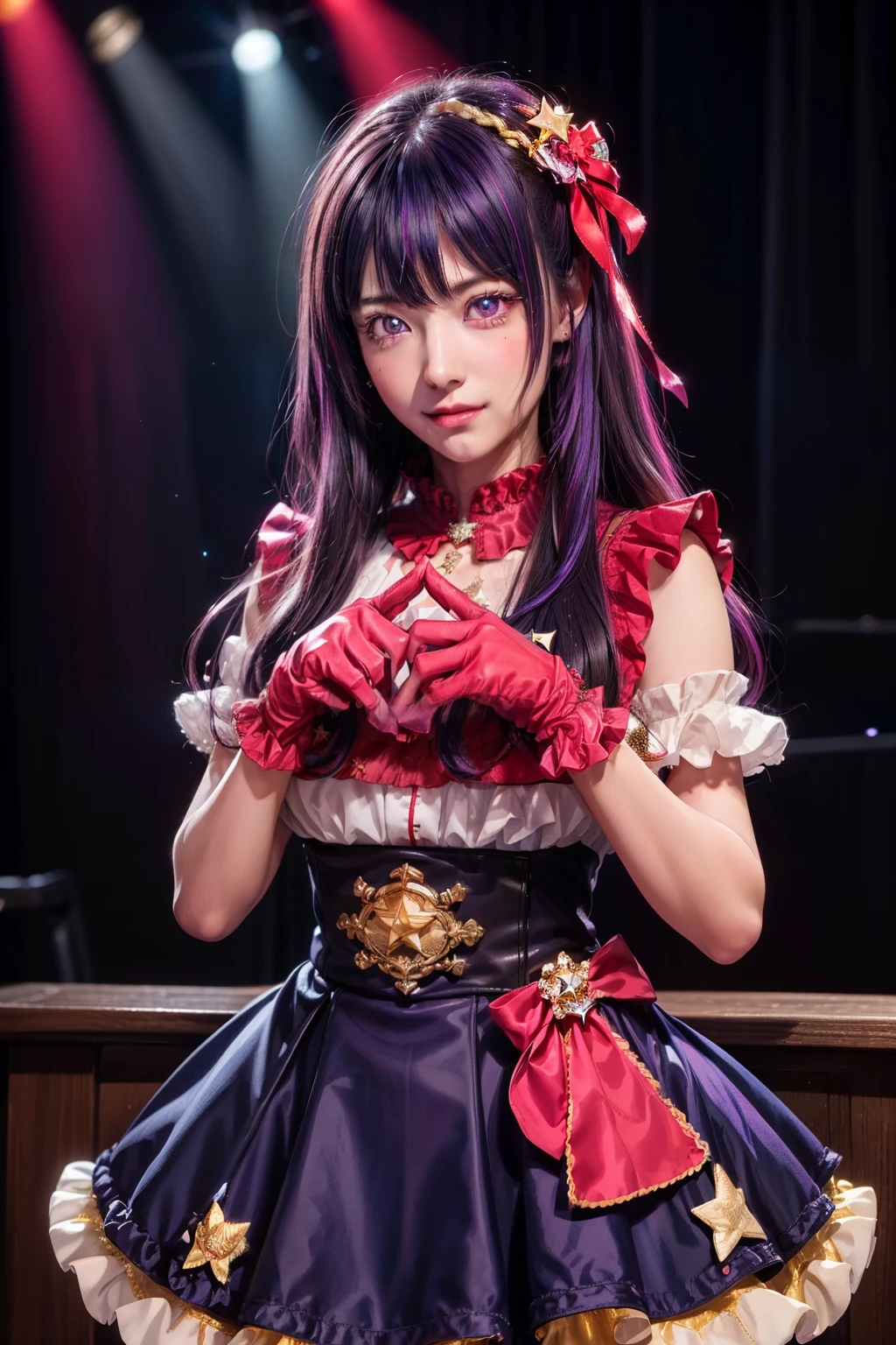 ai hoshino, ai hoshino, Hair between the eyes, hair ornaments, ヘアribbon, Long Hair, One side up, (Purple eyes:1.1), Purple Hair, ウサギのhair ornaments, (Star-shaped pupils:1.5), Symbol-shaped pupil,Brake belt, Black belt, brooch, dress, ピンクのdress, Frillsのdress, Ruffled gloves, Frills, gloves, ハートbrooch, Idol, Idol clothes, jewelry, Pink gloves, 赤いribbon, ribbon, タートルネックdress,break looking at viewer,Take a break indoors,break (Tabletop:1.2), highest quality, High resolution, Unity 8k wallpaper, (figure:0.8), (Beautiful fine details:1.6), Highly detailed face, Perfect lighting, Highly detailed CG, (Perfect hands, Perfect Anatomy),Laughter、Concert Venues、live house、stage、Cowboy Shot