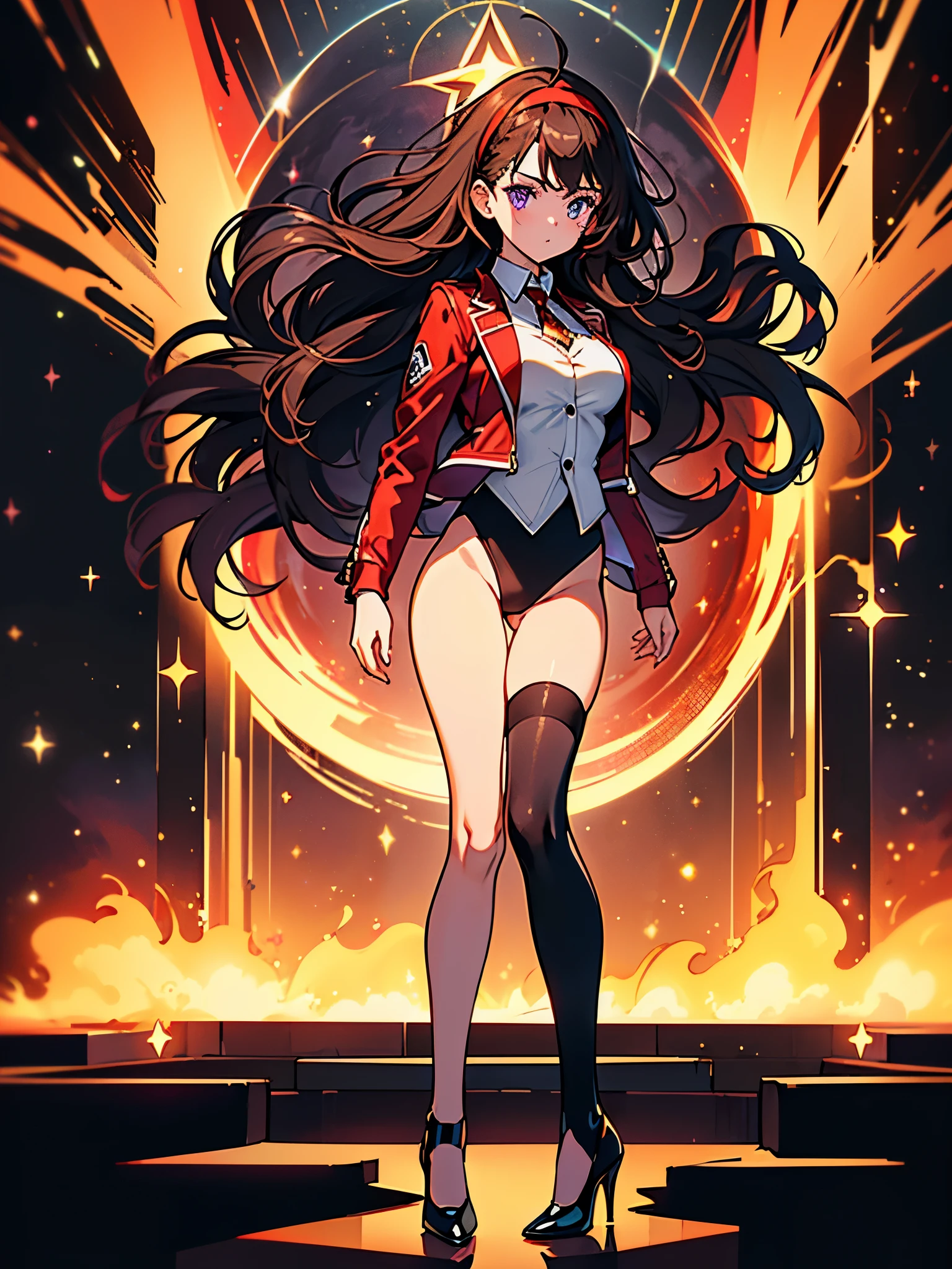 ((masterpiece)), ((best quality)), ((high res)), 3D anime style, solo, solo focus, Woman with brown eyes, age 21 (medium hair, dark brown hair, wavy hair, red hairband), ahoge, ((white blouse with black stars, vest, suit jacket, opened jacket, red jacket with stars)), (leotard, black leotard, bare legs, black thigh-highs, high-heel shoes, matching footwear), purple stellar energy around, cosmic power, cosmic shining power. purple eyes, beautiful detailed eyes, beautiful detailed face, cute face, (perfect hands, complete fingers), (perfect anatomy, perfect proportions). (casting a spell). full body costume design, full body, cowboy shot.