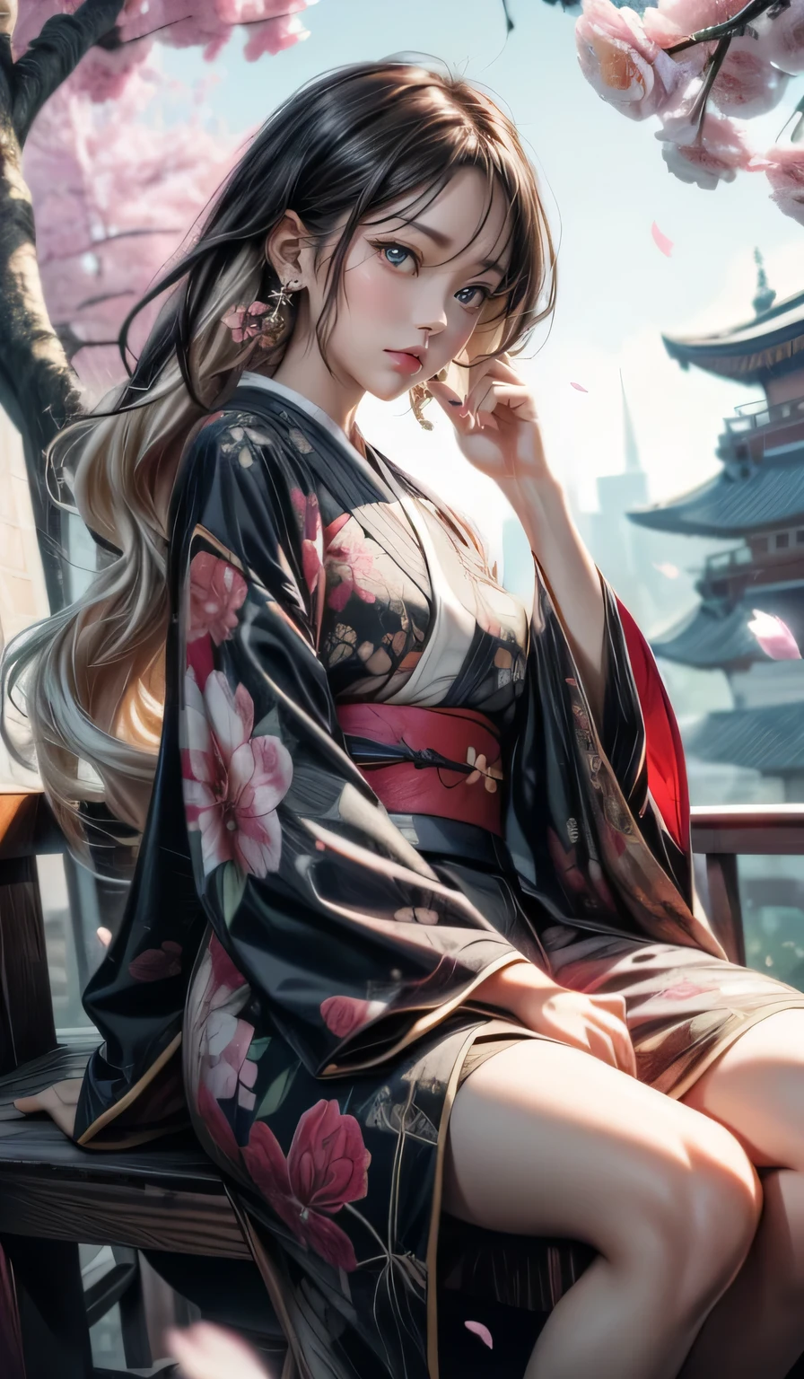 breathtaking ethereal RAW photo of female (Masterpiece, beautiful details, perfect focus, uniform 8K wallpaper, high resolution, exquisite texture in every detail, ((Simple background: 1.5)), break 1 girl, solo, blue eyes, clear deep eyes, , happy, , long hair, blush, smile, black hair, hair ornament, sitting, whole body, braid, flowers, Japanese clothes, hair Flowers, wide sleeves, kimono, tree, sash, obi, floral pattern, sandals, cherry blossoms, pink flowers, branches, kimono, sitting on a tree branch, wind, falling cherry blossom petals,Anime )), dark and moody style, perfect face, outstretched perfect hands . masterpiece, professional, award-winning, intricate details, ultra high detailed, 64k, dramatic light, volumetric light, dynamic lighting, Epic, splash art .. ), by james jean $, roby dwi antono $, ross tran $. francis bacon $, michal mraz $, adrian ghenie $, petra cortright $, gerhard richter $, takato yamamoto $, ashley wood, tense atmospheric, , , , sooyaaa,IMGFIX,Comic Book-Style,Movie Aesthetic,action shot,photo r3al,bad quality image,oil painting, cinematic moviemaker style,Japan Vibes,H effect,koh_yunjung ,koh_yunjung,kwon-nara,sooyaaa,colorful,roses_are_rosie,armor,han-hyoju-xl , ct-fujiii