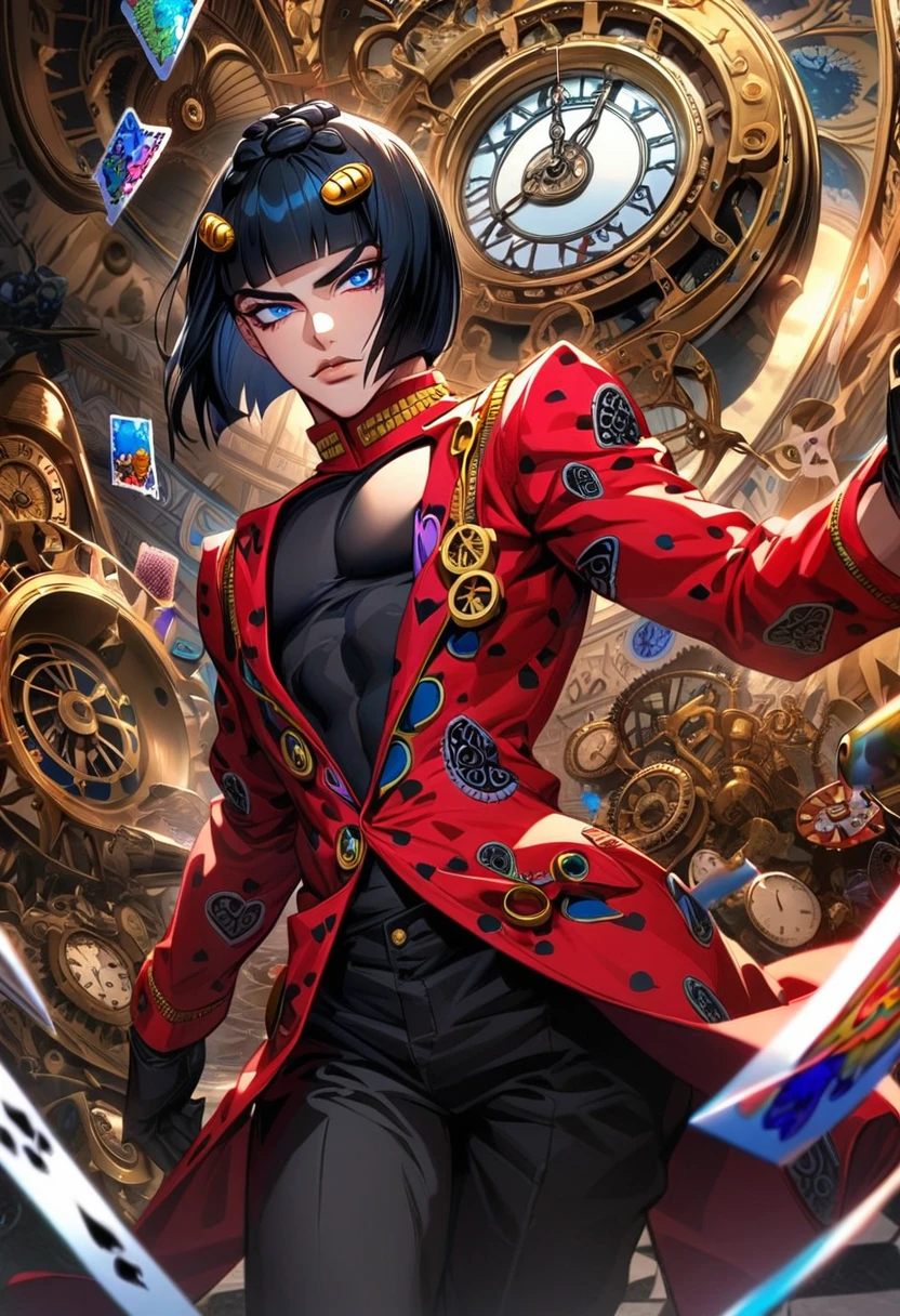 Ultra detailed, highres, absurdres, HDR, Bruno Bucciarati, black hair, blue eyes, JoJo Bizarre Adventure, red long coat, black tight shirt with patterns, clock, gear, in wonderland, heart cards, sexy man, solo, handsome, very detailed face and eyes, black gloves, black pants,