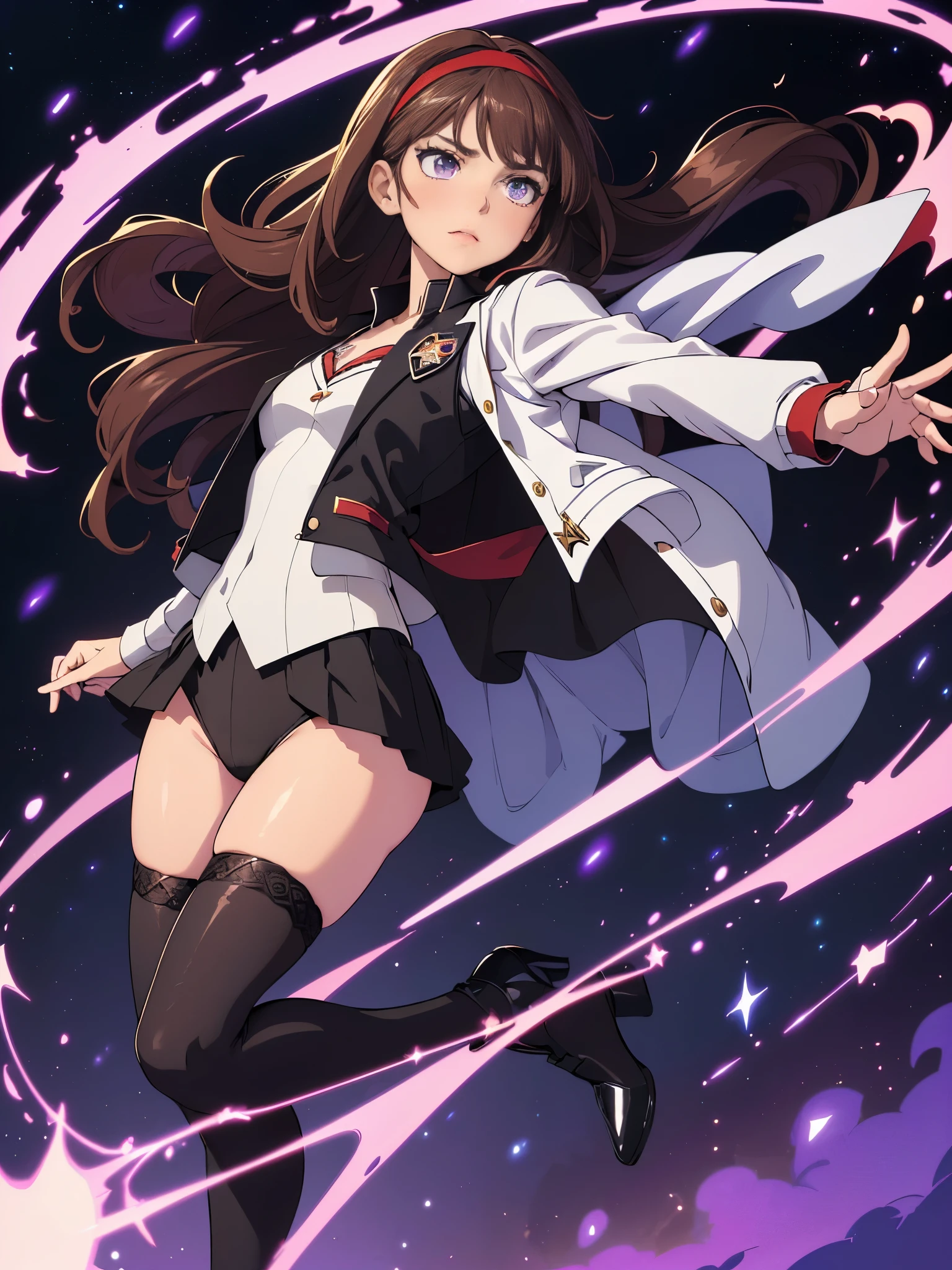 ((masterpiece)), ((best quality)), ((high res)), 3D anime style, solo, solo focus, Woman with brown eyes, age 21 (medium hair, dark brown hair, wavy hair, red hairband), ahoge, ((white blouse with black stars, vest, suit jacket, opened jacket, red jacket with stars)), (leotard, black leotard, bare legs, black thigh-highs, high-heel shoes, matching footwear), purple stellar energy around, cosmic power, cosmic shining power. purple eyes, beautiful detailed eyes, beautiful detailed face, cute face, (perfect hands, complete fingers), (perfect anatomy, perfect proportions). (casting a spell). full body costume design, full body, cowboy shot.