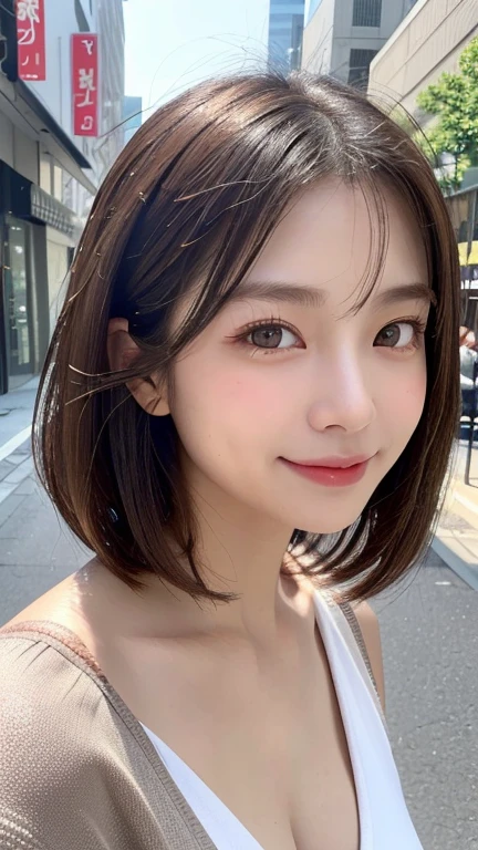(((Definitely shoulder length, short, Straight Brown Bob)))、(((She has a summer park in the background、Posing like a model in a hair salon.)))、(((Random and cute street fashion)))、Face close-up、Half Japan, Half Korean、18-year-old girl、Independent、I&#39;m looking forward to、Light eye makeup、Brown Hair Color、Flat 、Hair blowing in the wind、Quality of actress、Shiny, Ultra-realistic faces、smile、Watery eye、look up、Subtle lighting effects、 Ultra-Realistic Capture、Very detailed、High resolution 16k human skin closeup。Skin texture must be natural、The detail must be such that the pores are clearly visible.、skin is healthy、Even Tone、Use natural light and color、High quality images taken by modeling agencies&#39;Exclusive photographer、smile
