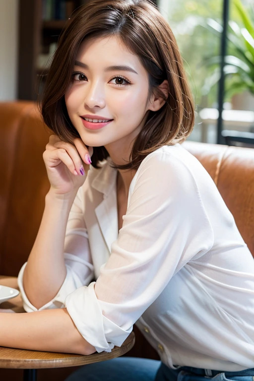 ((highest quality)), ((masterpiece)), (familiar), Perfect Face, masterpiece、highest quality、High resolution、wallpaper、Realistic、Bright lighting、Professional Lighting、Face Light、Smooth lighting、Japanese women、20th Gen Midplate、so beautiful、Beautiful Skin、Beautiful and detailed、familiar顔、slim、moderately、short hair、Brunette colored hair、Brown eyes、Looking at the camera、Cafe sofa、 commercial photography, Beautiful Instagram influencer girls, The best smile,Daytime、No collar shirt