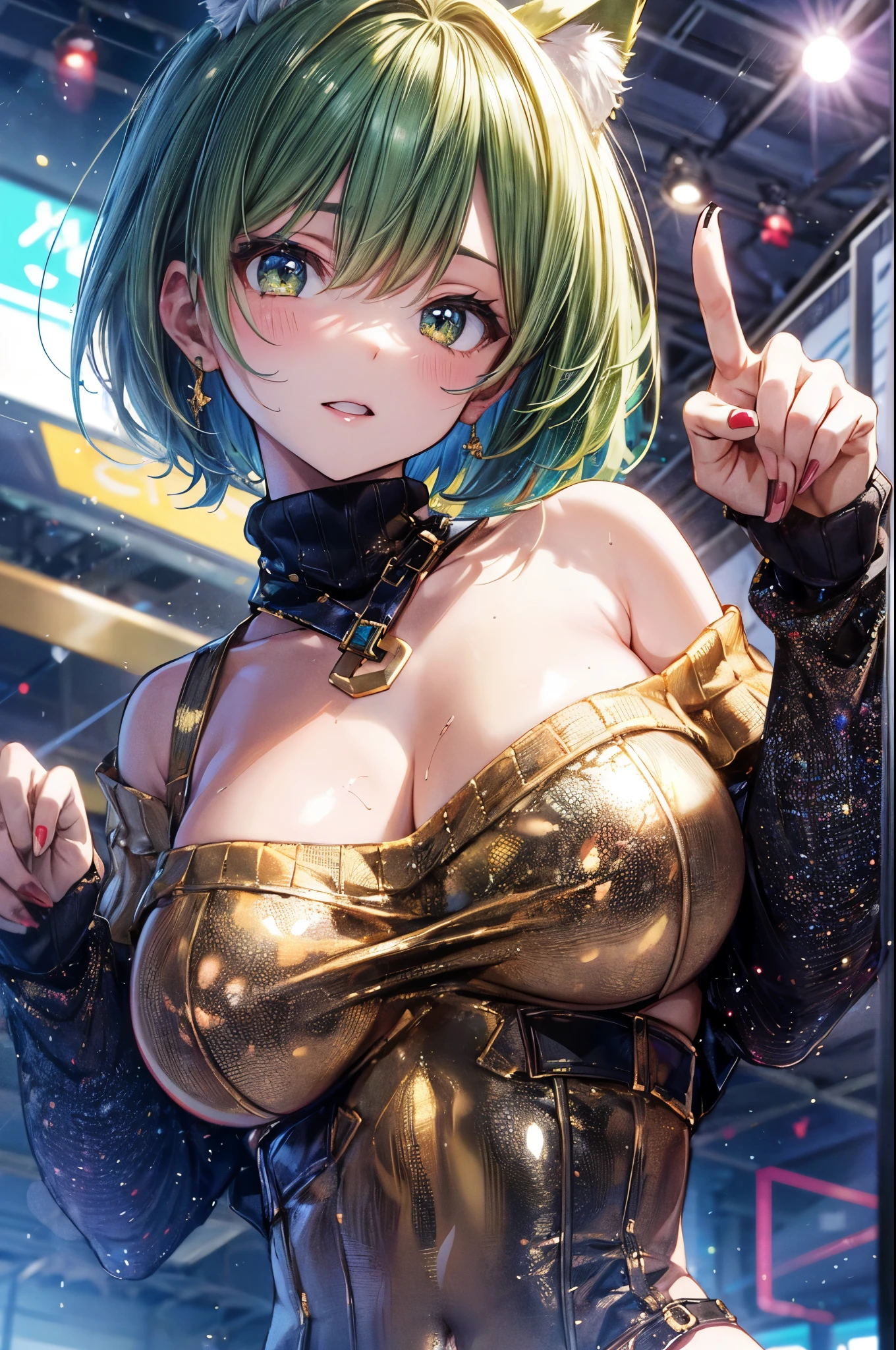 (((off-shoulder sweater))), break, short hair, ((green hair1.5)), (cat ears a green), bob cut, (((4 defined fingers))), (((1 defined thumb))), (looking at viewer), break, sexy, ((solo)), (1 cute girl), ((highest quality)), ((masterpiece)), (familiar),  skindentation, perfect face, 8k , break, black eye, medium breasts, perfect limbs, (visible nipples:0.8), (camel toe:0.5), sexy, (sexy pose), ((metallic costume)), (dutch angle), from below, dynamic pose, (close up), upper body, deltamon,, dancing, (from below), Dancing,