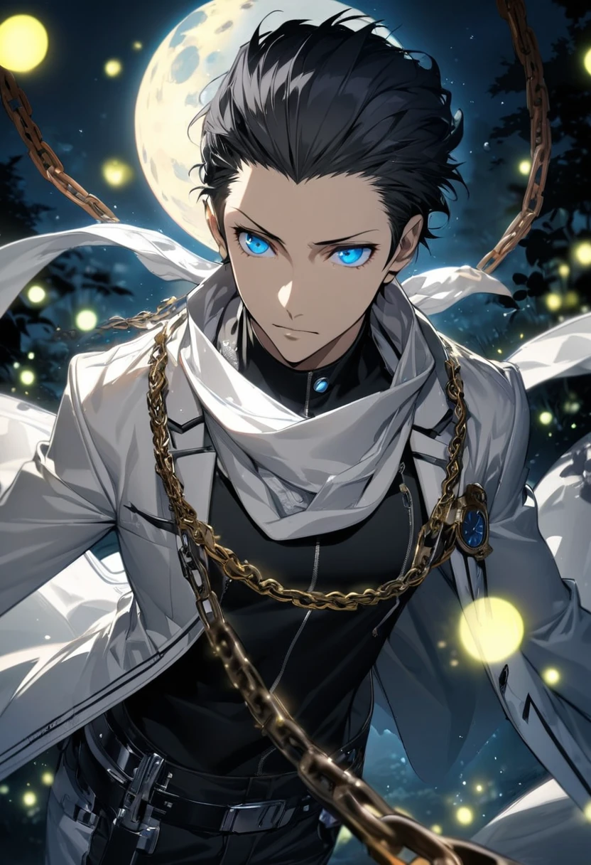 absurdres, highres, ultra detailed, HDR, master piece, best quality, extremely detailed face and eyes, perfect face, beautiful eyes, Mochizuki Ryoji, expressive blue eyes, black hair slicked back, Persona 3, solo, sexy man, handsome, white coat, black tight shirt, white scarf, clock mechanical moon, fantasy, chains, fireflies, in wonderland