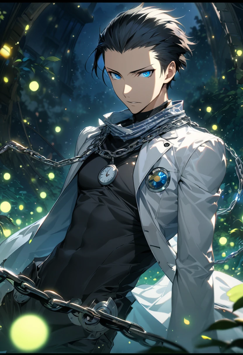 absurdres, highres, ultra detailed, HDR, master piece, best quality, extremely detailed face and eyes, soft features, perfect face, beautiful eyes, Mochizuki Ryoji, expressive blue eyes, black hair slicked back, Persona 3, solo, sexy man, handsome, white coat, black tight shirt, white scarf, clock mechanical moon, fantasy, chains, fireflies, in wonderland