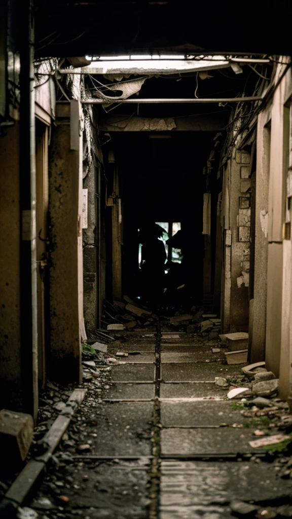 Showa,Underground street,Collapse,Devastation,Inside the ruins,Glasses,Women,adventure,Black and White,