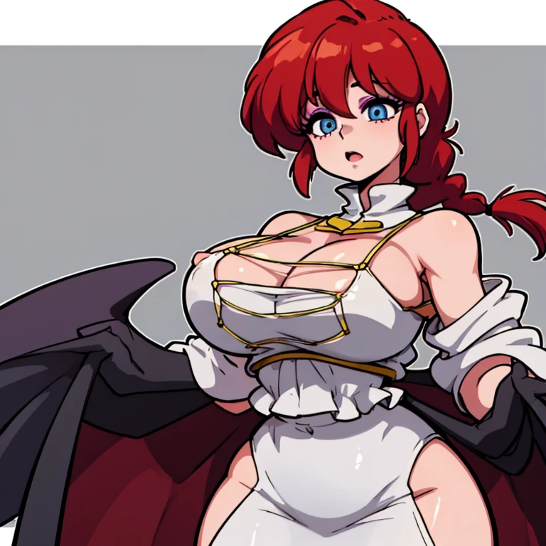 Ranmachan, cabello rojo, Cabello con trenza, ojos azules, ojos detallados, cuerpo completo, Costume【Cosplay】White Dress of Albedo (Overlord) 