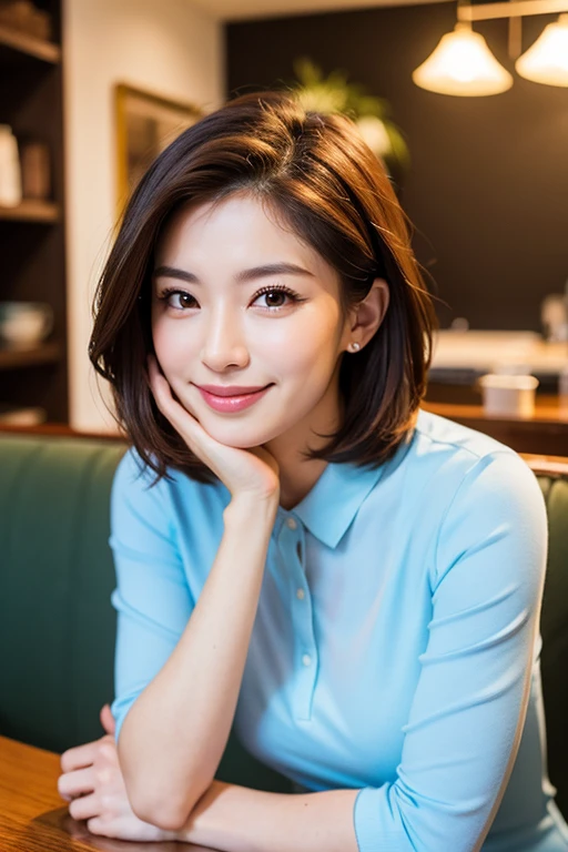 ((highest quality)), ((masterpiece)), (familiar), Perfect Face, masterpiece、highest quality、High resolution、wallpaper、Realistic、Bright lighting、Professional Lighting、Face Light、Smooth lighting、Japanese women、20th Gen Midplate、so beautiful、Beautiful Skin、Beautiful and detailed、familiar顔、slim、moderately、short hair、Brunette colored hair、Brown eyes、Looking at the camera、Cafe sofa、 commercial photography, Beautiful Instagram influencer girls, The best smile,Daytime、No collar shirt