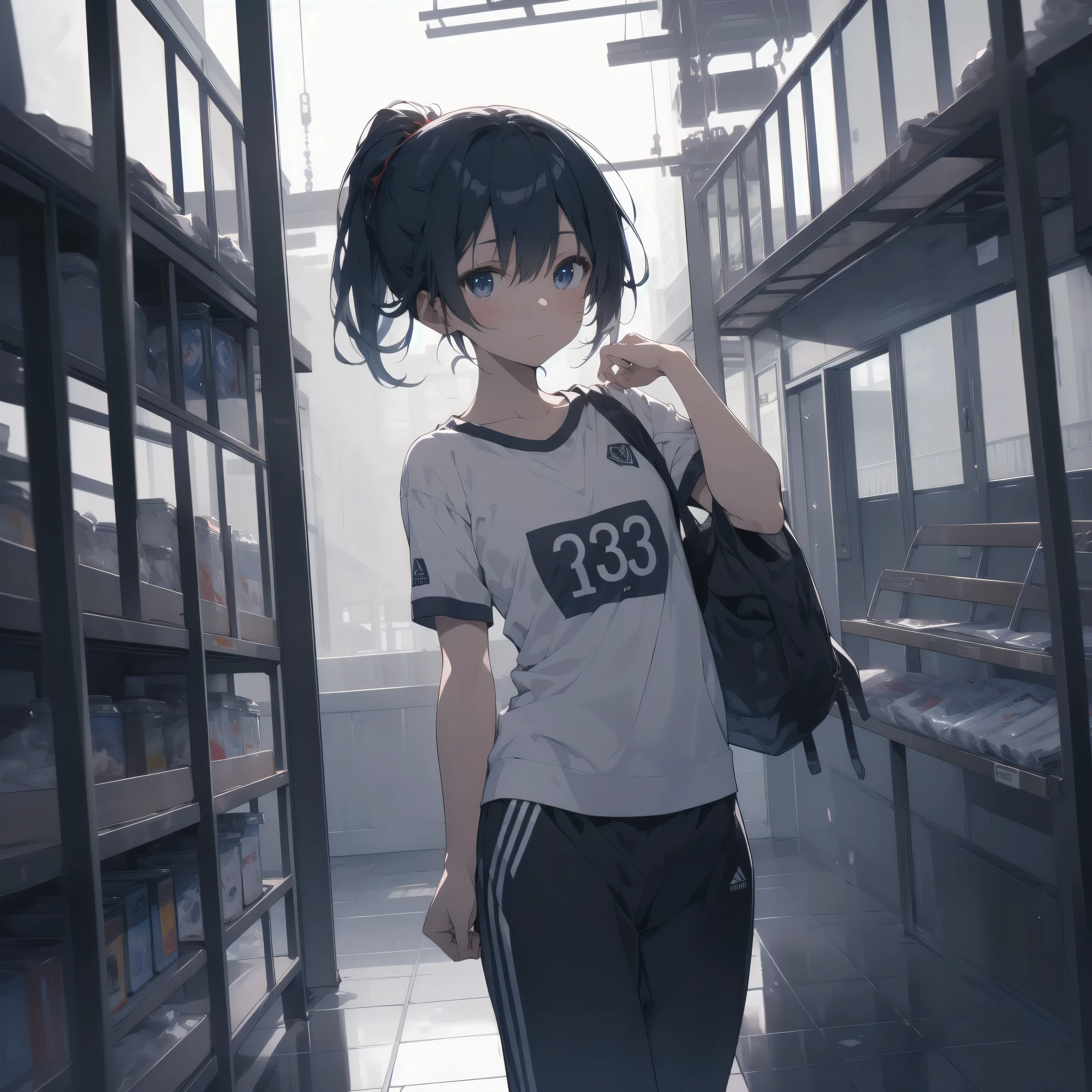 ultra-absurdres-Top quality by artist God, ultra-detailed, high resolution, anime moe artstyle, best anime 8k konachan wallpaper, pixiv contest winner,pool:2810, perfect ???????,break, 1girl, (Please draw a girl walking to home alone. )break,(Solo,little female, 13-year-old:1.3),Full limbs, complete fingers, (very short hair), ponytail, flat chest, groin, small butt, thighs, small black eyes, beautiful detailed eyes, well-proportioned iris and pupils, expressive eyes, highres detailed hair, soft expression, school_gym uniform, gym shirt, short sleeves, gym shorts, short shorts, (Detailed Lighting), (Detailed background),solo_focus, in the School commute route. break,super detailed skin, Best cinematic lighting powered by famous artist, 8k,beauty illustration,photoshop_(medium),very aesthetic,break,((artist:hisahiko )), artist:bolze ,artist:oyari_ashito ,artist:kantoku ,