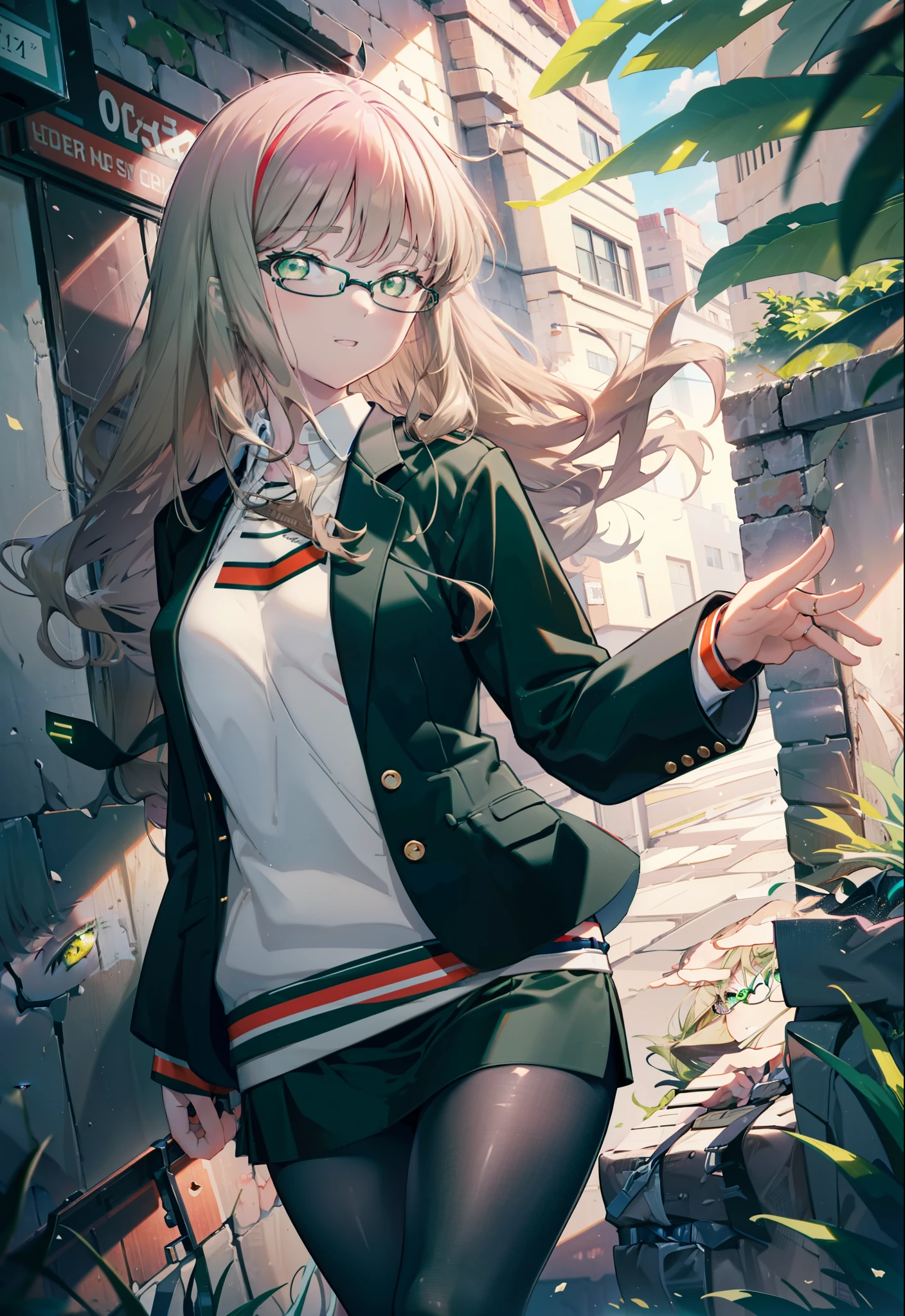 Minami Yume ,sss dynazenon ,Long Hair, Brown Hair, (Green Eyes:1.5) ,Medium chest,hair band,happy smile, smile, Open your mouth,OL, Black-rimmed glasses, end, black suit jacket, Collared jacket, White dress shirt, Collared shirt, Neckline, button, Black pencil skirt, Black pantyhose,Stiletto heels,morning,morning陽,The sun is rising,So that the whole body goes into the illustration,
break looking at viewer, (Cowboy Shot:1. 5)
break outdoors, In town,Building district,
break (masterpiece:1.2), highest quality, High resolution, unity 8k wallpaper, (figure:0.8), (Detailed and beautiful eyes:1.6), Highly detailed face, Perfect lighting, Extremely detailed CG, (Perfect hands, Perfect Anatomy),