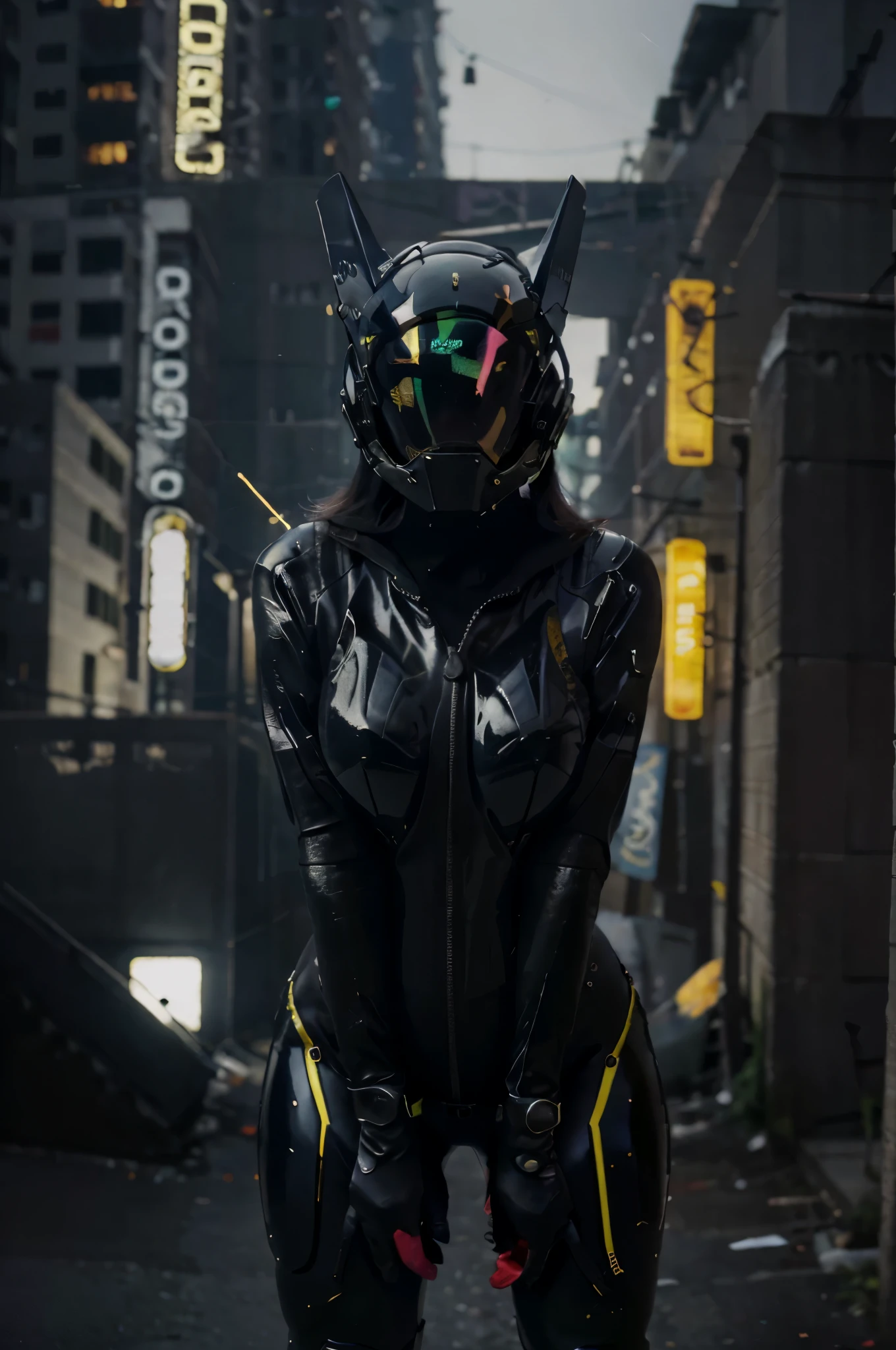 solo, Raw photo, realistic, masterpiece, best quality, high resolution, ultra detailed, offical arts, unity 8K wallpaper, offical wallpaper, moody atmosphere, chiaroscuro, celty, 1girl,1female, helmet, bodysuit, black bodysuit, skin tight, biker clothes, animal ears, bikesuit, leather, large breasts, night, moonlight, gloves, (((unzipping))), innerboob, pose, a person in a cyberhelmet, white cyberhelmet, fantastic, close up, motion lines, buttom up top down, bent over, hyper detailed, neon lights, neon colors, cyberpunk, reflections, shining, sparks, shy and seductive posture arching your back down,