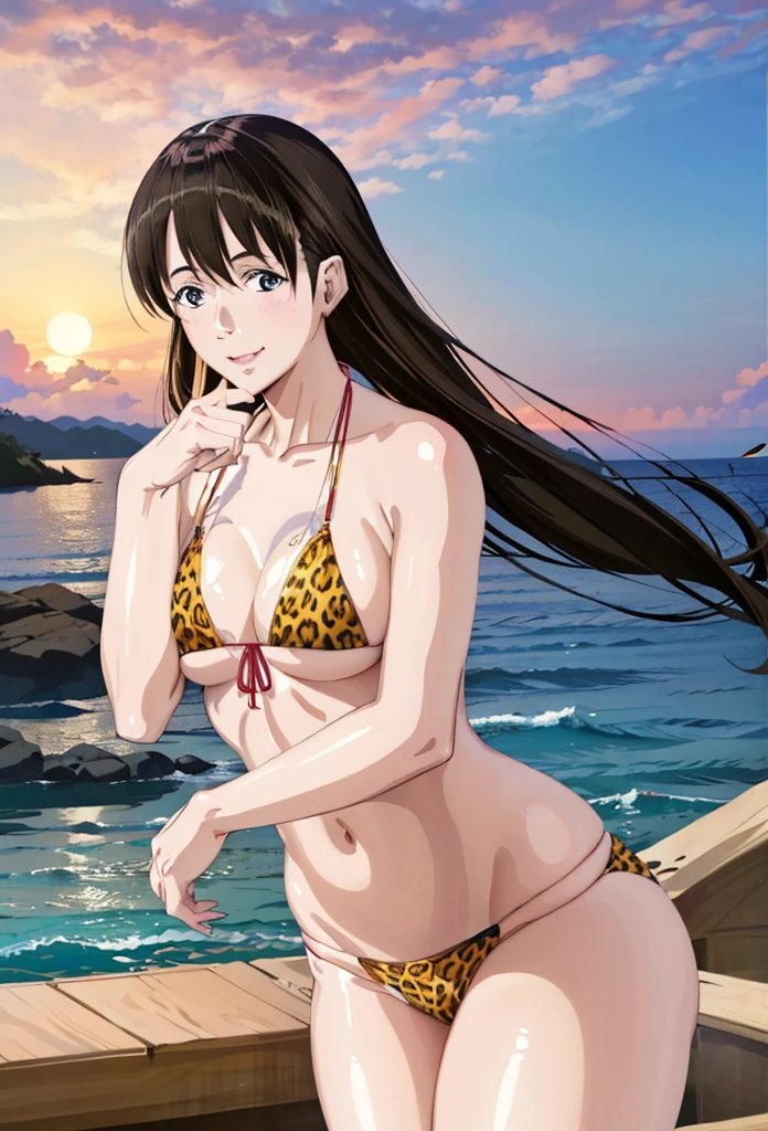 (masterpiece, 4K, highest quality, anime style: 1.9, Detailed face, Lovely, Ocean,Thick drawn lines, High resolution, anime, Lake 4. alone, Curvaceous, Thighs, Cleavage, Medium Chest, smile, Please open your mouth wide, Very slim belly, Cowboy Shot, Leopard print bikini,1 girl、前hair, Brown_hair, 長いhair,17 years old