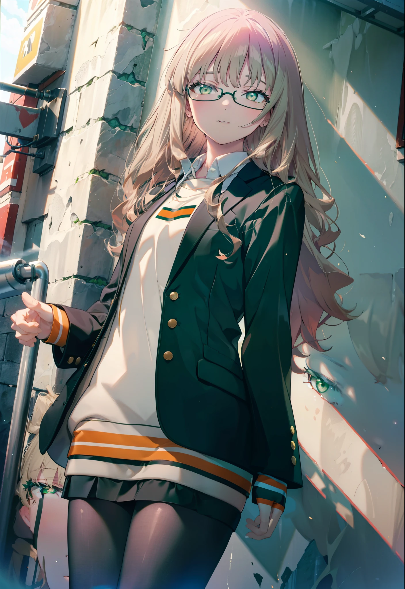 Minami Yume ,sss dynazenon ,Long Hair, Brown Hair, (Green Eyes:1.5) ,Medium chest,hair band,happy smile, smile, Open your mouth,OL, Black-rimmed glasses, end, black suit jacket, Collared jacket, White dress shirt, Collared shirt, Neckline, button, Black pencil skirt, Black pantyhose,Stiletto heels,morning,morning陽,The sun is rising,So that the whole body goes into the illustration,
break looking at viewer, (Cowboy Shot:1. 5)
break outdoors, In town,Building district,
break (masterpiece:1.2), highest quality, High resolution, unity 8k wallpaper, (figure:0.8), (Detailed and beautiful eyes:1.6), Highly detailed face, Perfect lighting, Extremely detailed CG, (Perfect hands, Perfect Anatomy),