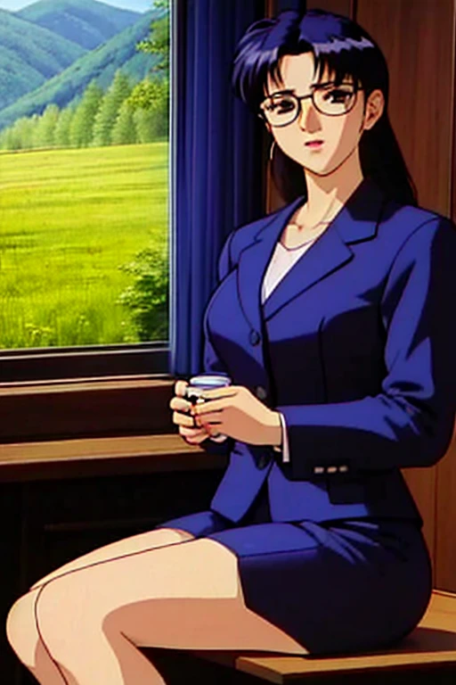 One girl, evening, School, Old wooden house,In front of the window,Sitting upright and motionless,Sitting on the couch,holding a coffee cup,Glasses,Blue jacket,Collared shirt,Long sleeve,Black pencil skirt,pantyhose,purple hair, hair_good,perfect eye, perfect face,View your viewers, blush,(Innocent_big_eye:1.0),(Expressionless:1.3),Age 25,Mature Woman, Long legs, Large Breasts,bright_front_face_Lighting,Film Grain,Fujifilm XT,Physically Based Rendering,(masterpiece,highest quality,Official Art,Very detailed CG ユニティ 8k 壁紙:1.4),(Genuineistic photo),Digital SLR,Ultra-fine illustrations,Very detailed,Very detailed背景,Very detailed background,gorgeous nature refined rendering,Deepening the contours,best bloom,Structure of the film,Cinematic Flowers,Shadows in the movie,Depth of written boundary,Genuineistic,Very complicated,perfection, clean, Professional artwork, Famous works of art,Genuine,perfectionな解剖学,perfectionな比率,Narrow waist,slim calves,Pale skin,Skin Texture,Skin pores,Very detailed肌,detailed beautiful face and eye,Fine eyebrows,Detailed fingers,Detailed toes,Soft lighting, Dramatic lighting,Backlight, 