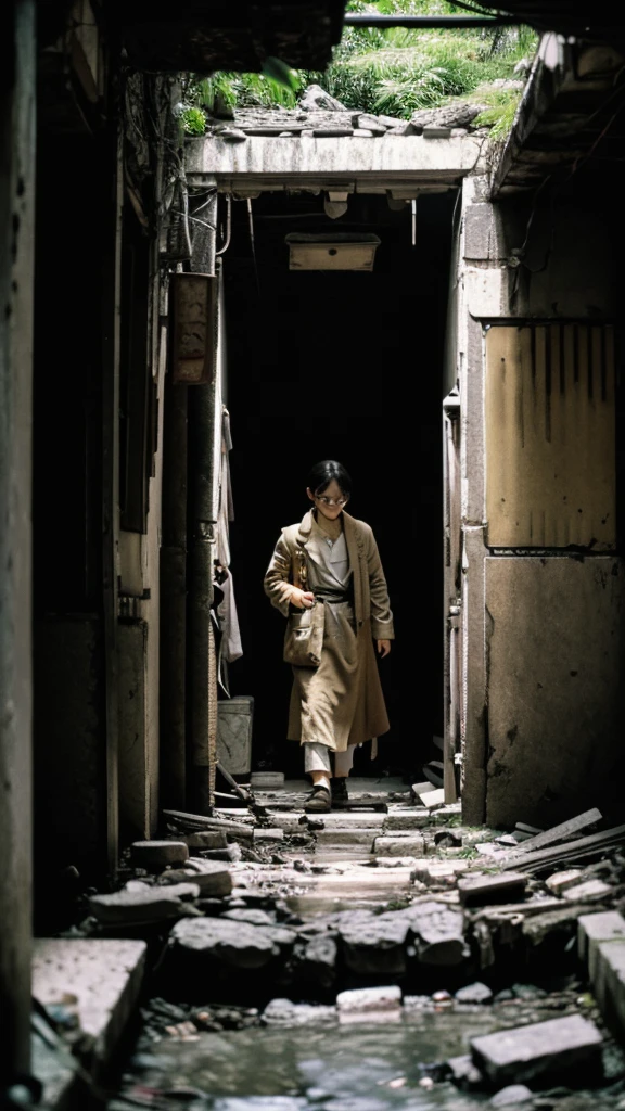 Showa,Underground street,Collapse,Devastation,Inside the ruins,Glasses,Women,adventure,Black and White,