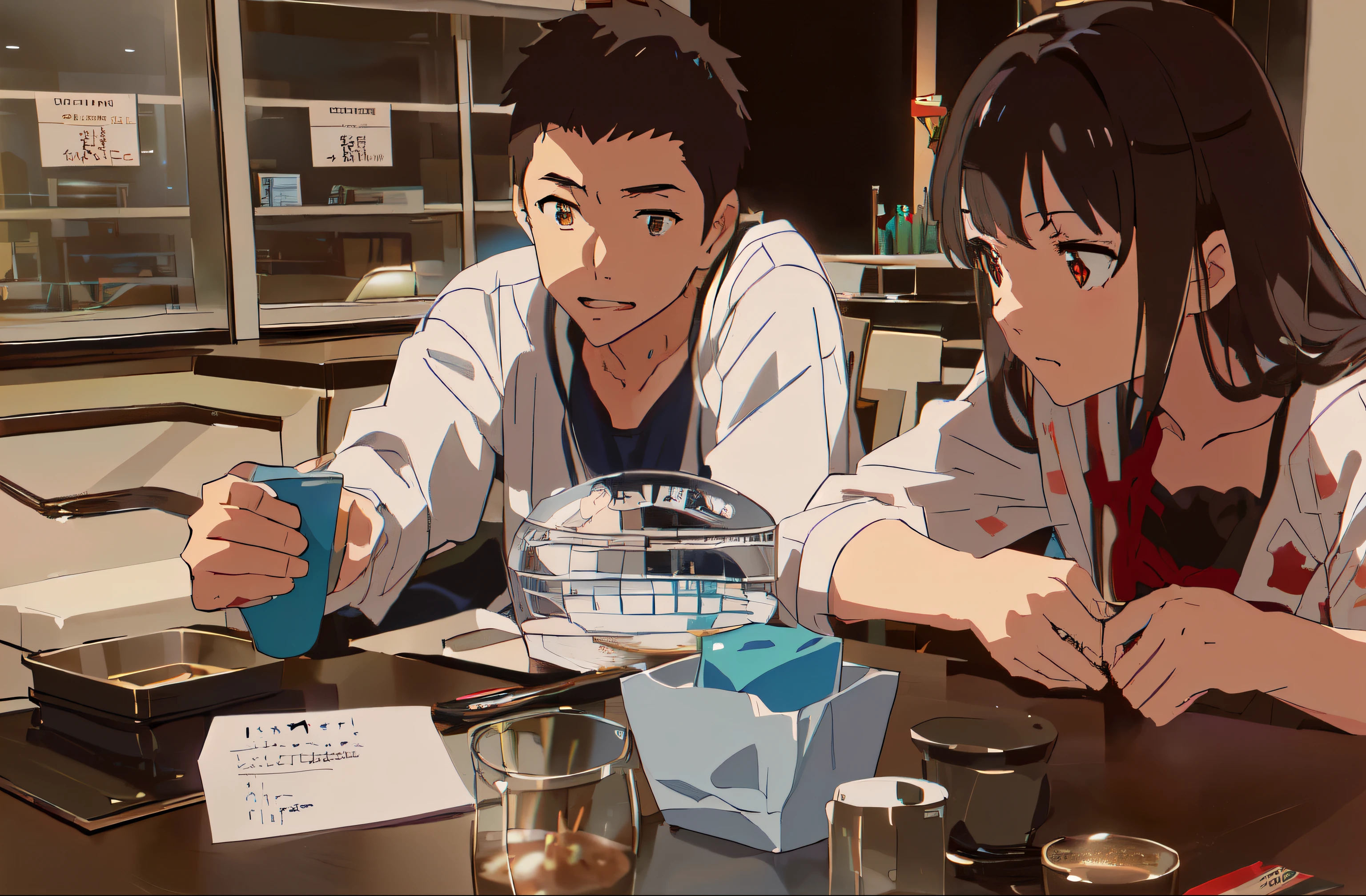 Anime character sitting at table drinking coffee, sakimichan and makoto shinkai, yusuke murata and makoto shinkai, Ross Tran and Makoto Shinkai, guweiz and makoto shinkai, makoto shinkai and (Cain Kuga), Ross Tran and Ilya Kuvshinov, fiona staples and makoto shinkai