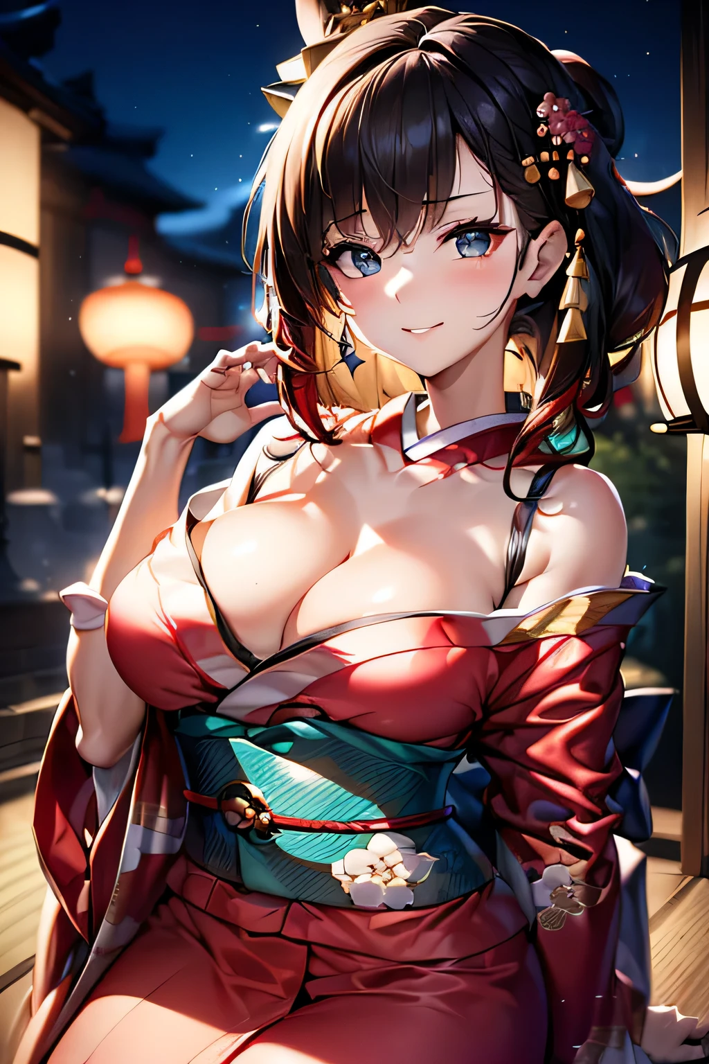(((Gorgeous courtesan kimono:1.7))),(Beautiful mature woman dressed as an aristocrat's courtesan),(((A flashy and extravagant courtesan's costume:1.3))),(Glamorous Jar)(Gorgeous floral hair ornament),Gorgeous floral braided top knot,(Very delicate and beautiful hair,),(((Accentuate larger breasts:1.3))),Fireworks shooting up into the sky against the backdrop of the riverbank at night.、Cute round face,Detailed clothing features,Detailed hair features,Detailed facial features,Looking at the camera,(Dynamic Angle),(Dynamic and sexy pose),Cinematic Light,(Ultra-high resolution output images,Written boundary depth,Intricate details,Light and shadow contrast、The subject appears three-dimensional,) ,Single-lens reflex camera, (Realistic:1.3),(8K quality,Anatomically correct facial structure,),(Sea Art 2.0 mode:1.3),(Picture Mode Ultra HD,)