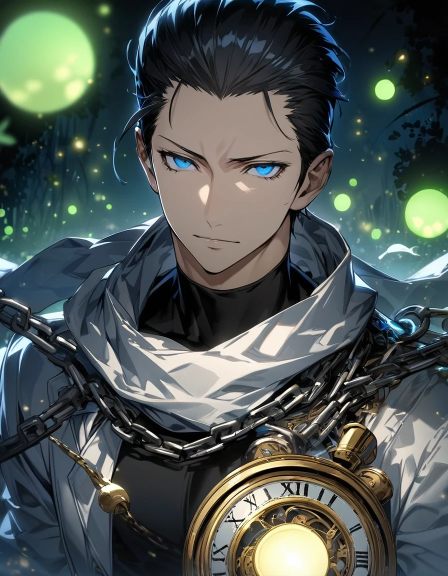 absurdres, highres, ultra detailed, HDR, master piece, best quality, extremely detailed face and eyes, perfect face, beautiful eyes, Mochizuki Ryoji, expressive blue eyes, black hair slicked back, Persona 3, solo, sexy man, handsome, white coat, black tight shirt, white scarf, clock mechanical moon, fantasy, chains, fireflies, in wonderland