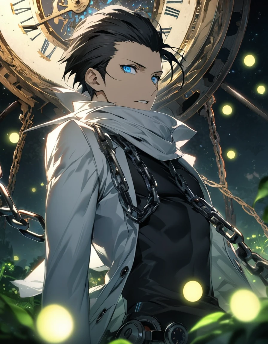 absurdres, highres, ultra detailed, HDR, master piece, best quality, extremely detailed face and eyes, perfect face, beautiful eyes, Mochizuki Ryoji, expressive blue eyes, black hair slicked back, Persona 3, solo, sexy man, handsome, white coat, black tight shirt, white scarf, clock mechanical moon, fantasy, chains, fireflies, in wonderland