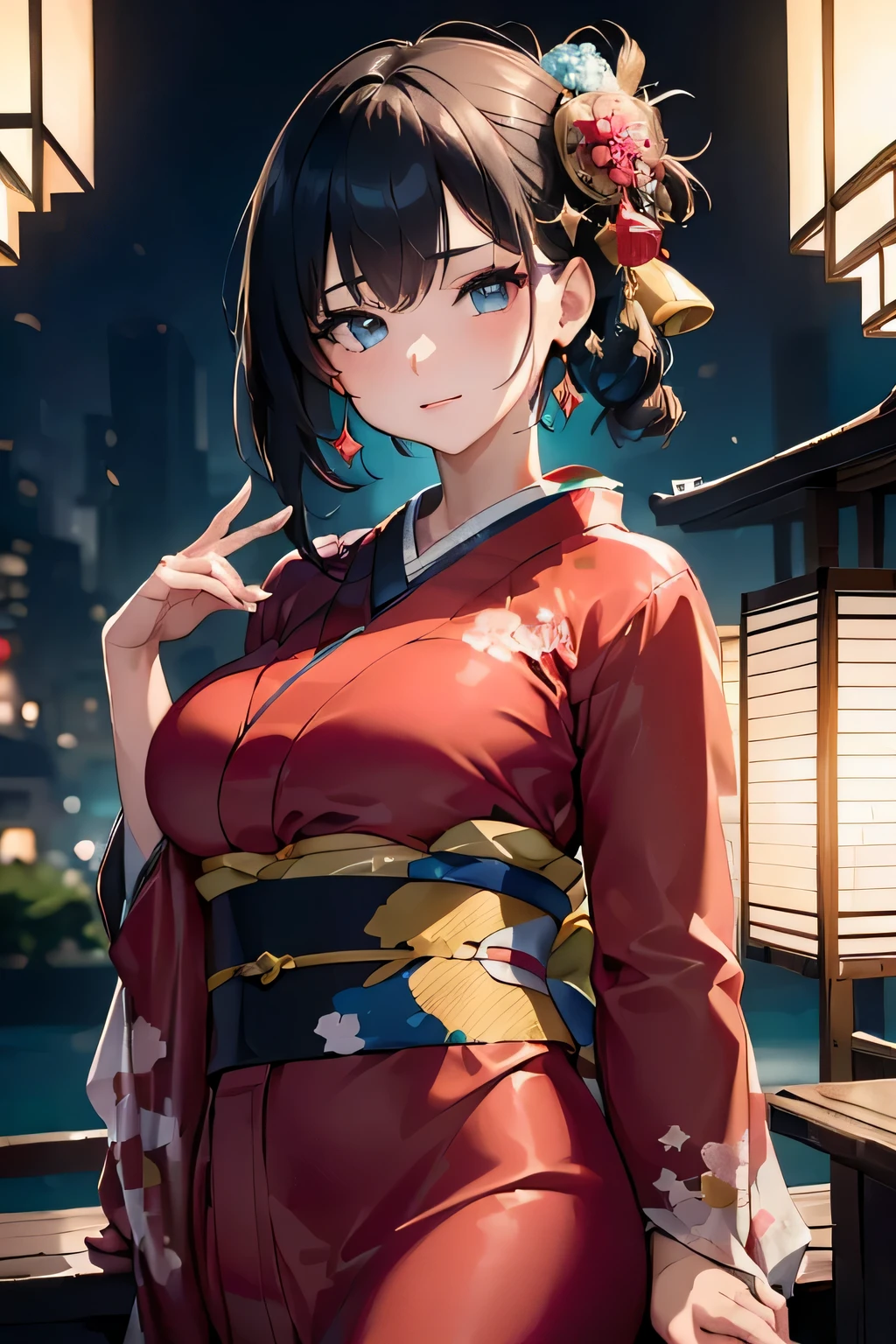 (((Gorgeous courtesan kimono:1.7))),(Beautiful mature woman dressed as an aristocrat's courtesan),(((A flashy and extravagant courtesan's costume:1.3))),(Glamorous Jar)(Gorgeous floral hair ornament),Gorgeous floral braided top knot,(Very delicate and beautiful hair,),(((Accentuate larger breasts:1.3))),Fireworks shooting up into the sky against the backdrop of the riverbank at night.、Cute round face,Detailed clothing features,Detailed hair features,Detailed facial features,Looking at the camera,(Dynamic Angle),(Dynamic and sexy pose),Cinematic Light,(Ultra-high resolution output images,Written boundary depth,Intricate details,Light and shadow contrast、The subject appears three-dimensional,) ,Single-lens reflex camera, (Realistic:1.3),(8K quality,Anatomically correct facial structure,),(Sea Art 2.0 mode:1.3),(Picture Mode Ultra HD,)