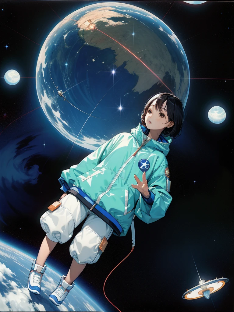 Asian girl in space on an alien planet between the North Star and the Big Dipper