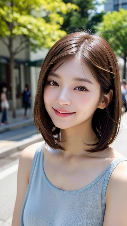 (((Definitely shoulder length, short, Straight Brown Bob)))、(((In her background is a summer park、Pose like a model at the beauty salon.)))、(((Random and cute street fashion)))、Face close-up、Half Japan, Half Korean、18-year-old girl、Independent、I'looking forward to it、Light eye makeup、Brown Hair Color、flat 、Hair blowing in the wind、Quality of actress、Shiny, Ultra-realistic faces、smile、Watery eye、look up、Subtle lighting effects、 Ultra-Realistic Capture、Very detailed、High resolution 16k human skin closeup。Skin texture must be natural、The detail must be such that the pores are clearly visible..、skin is healthy、Even Tone、Use natural light and color、High quality images taken by modeling agencies'Exclusive photographer、smile
