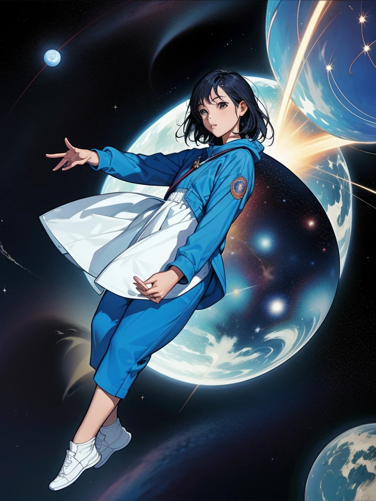 Asian girl in space on an alien planet between the North Star and the Big Dipper