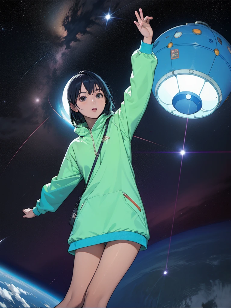 Asian girl in space on an alien planet between the North Star and the Big Dipper