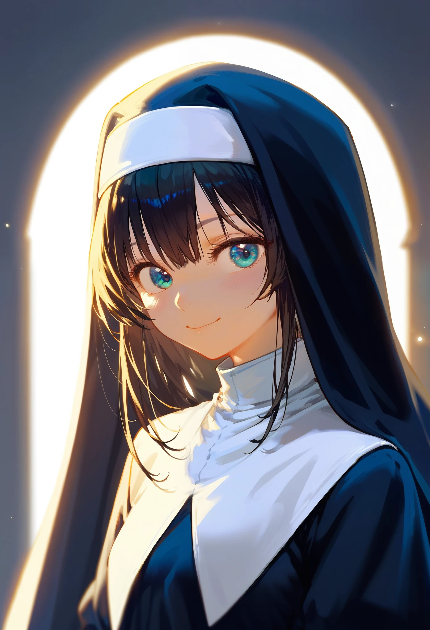 masterpiece, best quality, upper body, score_9, score_8_up, score_7_up, 1girl, solo, black hair, long hair, dark blue eyes, small smile, looking at viewer, portrait, closed mouth, pale skin, small breasts, standing, upper body, nun, nun headwear, young girl, gray background, best quality, backlighting