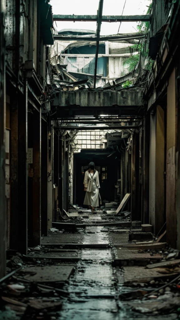 Showa,Underground street,Collapse,Devastation,Inside the ruins,Glasses,Women,adventure,Black and White,