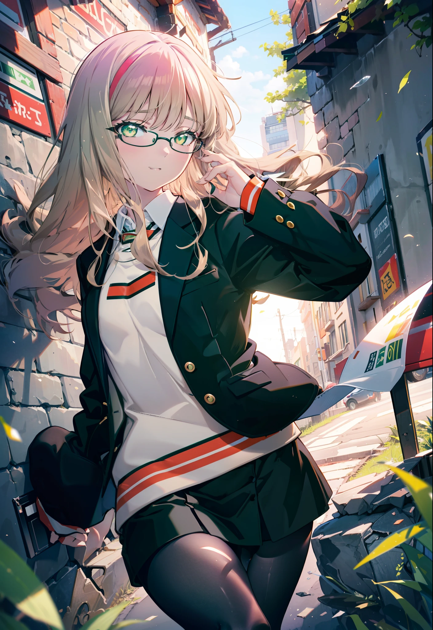 Minami Yume ,sss dynazenon ,Long Hair, Brown Hair, (Green Eyes:1.5) ,Medium chest,hair band,happy smile, smile, Open your mouth,OL, Black-rimmed glasses, end, black suit jacket, Collared jacket, White dress shirt, Collared shirt, Neckline, button, Black pencil skirt, Black pantyhose,Stiletto heels,morning,morning陽,The sun is rising,So that the whole body goes into the illustration,
break looking at viewer, (Cowboy Shot:1. 5)
break outdoors, In town,Building district,
break (masterpiece:1.2), highest quality, High resolution, unity 8k wallpaper, (figure:0.8), (Detailed and beautiful eyes:1.6), Highly detailed face, Perfect lighting, Extremely detailed CG, (Perfect hands, Perfect Anatomy),