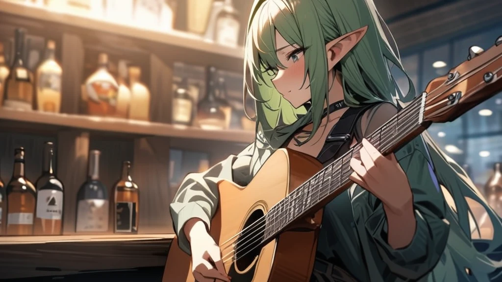 (masterpiece, highest quality:1.2), Perfect Face、A female elf playing the guitar in a bar