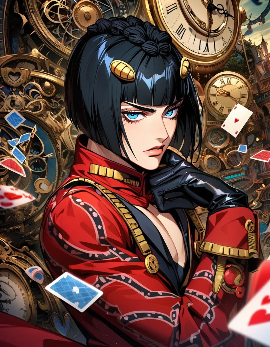 Ultra detailed, highres, absurdres, HDR, Bruno Bucciarati, black hair, blue eyes, JoJo Bizarre Adventure, red long coat, black tight shirt with patterns, clock, gear, in wonderland, heart cards, man, solo, handsome, very detailed face and eyes, black gloves,