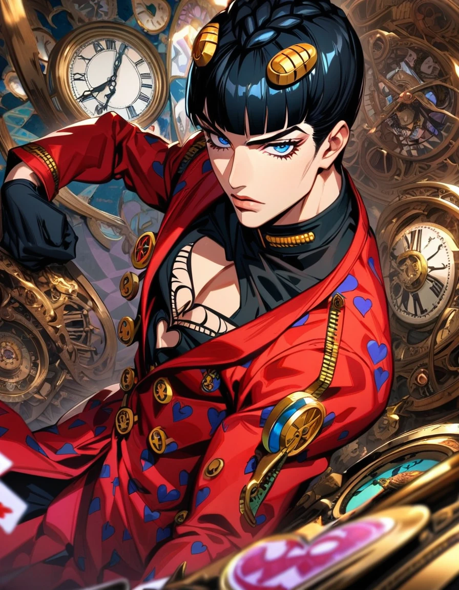 Ultra detailed, highres, absurdres, HDR, Bruno Bucciarati, black hair, blue eyes, JoJo Bizarre Adventure, red long coat, black tight shirt with patterns, clock, gear, in wonderland, heart cards, man, solo, handsome, very detailed face and eyes, black gloves,