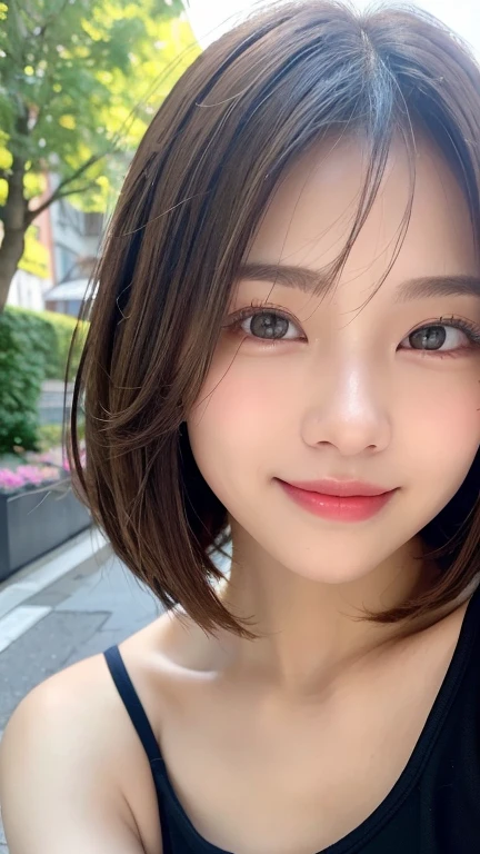(((Definitely shoulder length, short, Straight Brown Bob)))、(((In her background is a summer park、Pose like a model at the beauty salon.)))、(((Random and cute street fashion)))、Face close-up、Half Japan, Half Korean、18-year-old girl、Independent、I&#39;looking forward to it、Light eye makeup、Brown Hair Color、flat 、Hair blowing in the wind、Quality of actress、Shiny, Ultra-realistic faces、smile、Watery eye、look up、Subtle lighting effects、 Ultra-Realistic Capture、Very detailed、High resolution 16k human skin closeup。Skin texture must be natural、The detail must be such that the pores are clearly visible..、skin is healthy、Even Tone、Use natural light and color、High quality images taken by modeling agencies&#39;Exclusive photographer、smile
