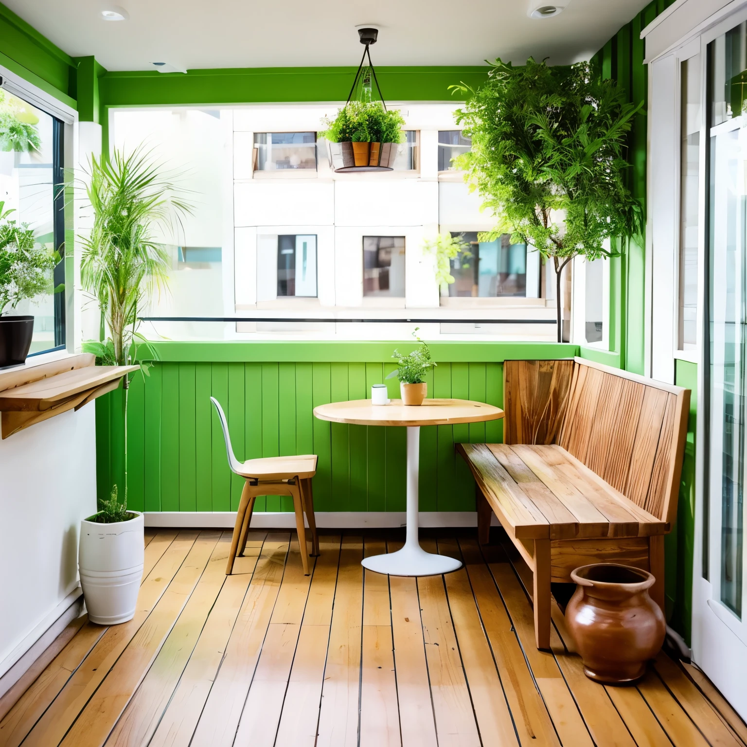 Bright and stylish cafe interior,Small green potted plant and white coffee cup on a wooden table