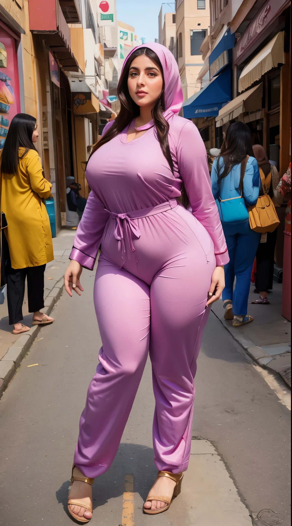 Arabic Woman in street, curvy body , wearing jumpsuit pajamas, beautiful woman, very detail ,pawg, long legs ,thick high, full body in camera, pawg, wearing strap wedges