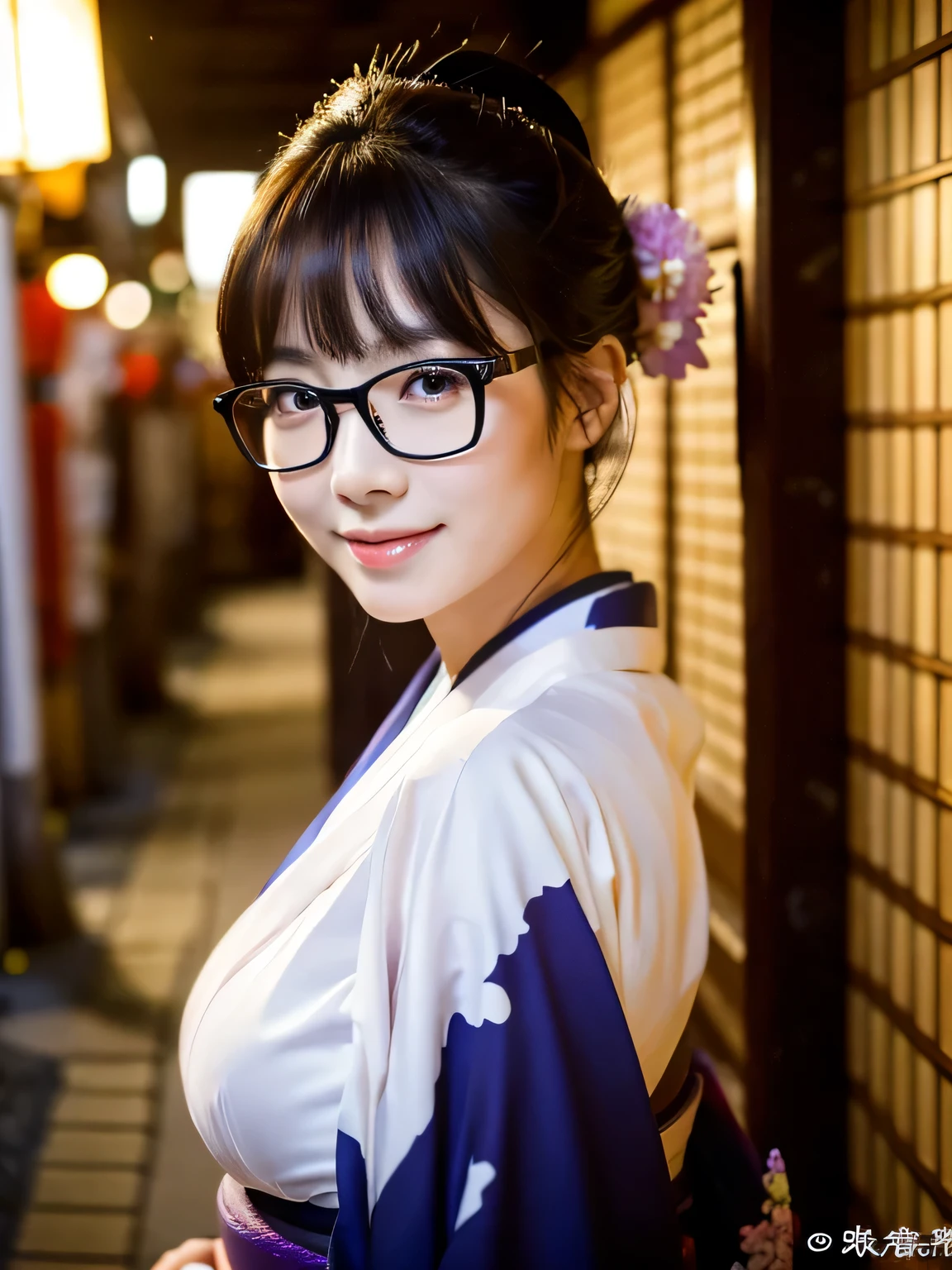 (Super beautiful woman in kimono)、((highest quality、8K masterpiece:1.3))、sharp focus:1.2、(super beautiful face:1.0)、(shiny skin:1.0)、realistic pictures、black hair、video lighting、High resolution eyes and face、video lighting、japanese actress、from the front、big breasts、with a happy smile、Slender abs beauty、whole body、wearing a kimono、in Kyoto、luxury obi、In Kyoto at night、wearing glasses with no edge