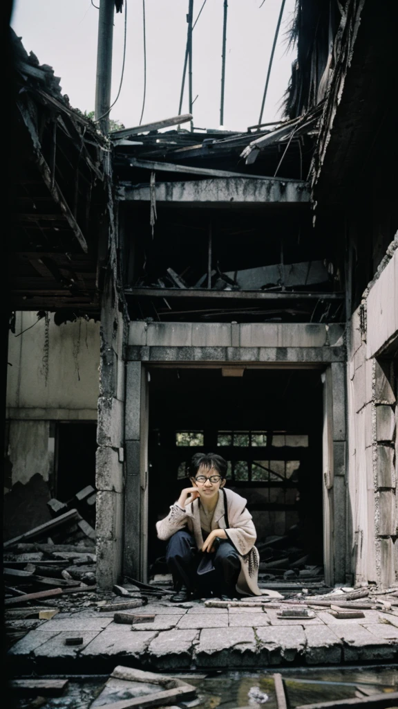 Showa,Collapse,Devastation,Inside the ruins,Glasses,Women,adventure,Black and White,