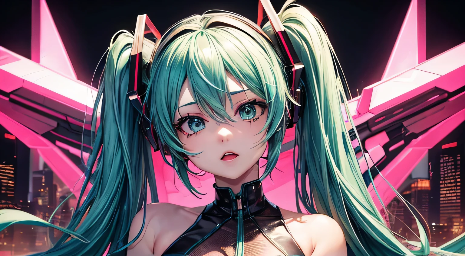 Vocaloids,
Hatsune Miku,
Cyberpunk costume,
Detailed facial expression,
detailed facial expression, detailed hair description,