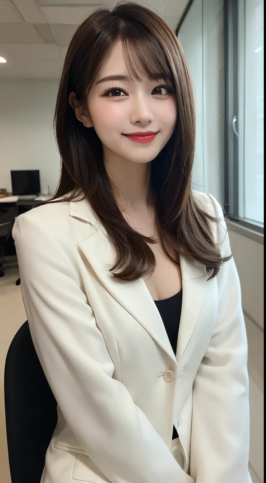 whole body, highest quality, figure, Very detailed, In detail, High resolution, 8k wallpaper, Perfect dynamic composition, Beautiful fine details, suit,Medium Hair, Center of chest, Natural color lip, Random sexy poses,smile,company,office,Brother,smile,cute,