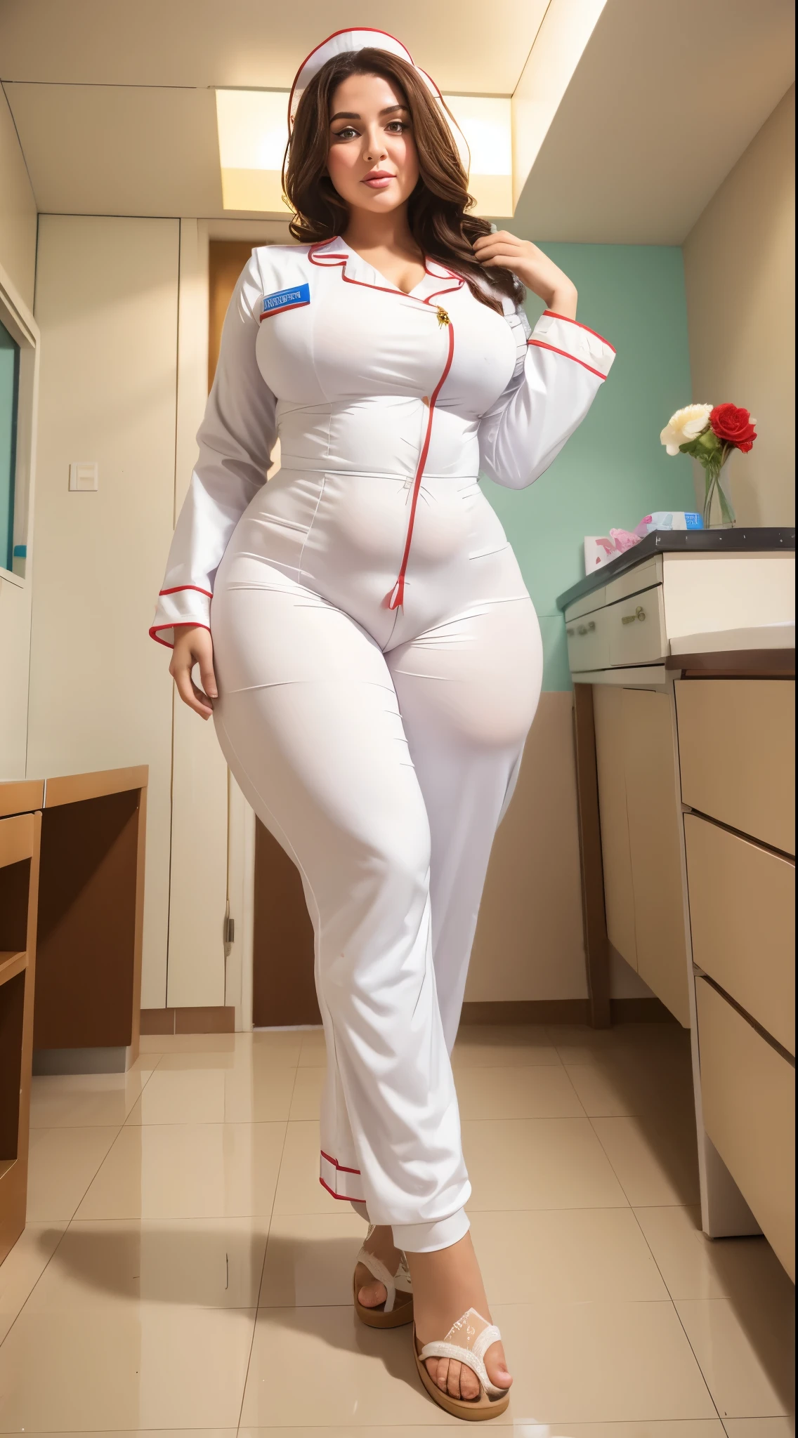 1 Arabic Woman in hospital, nurse, treat patients room, curvy , wearing white flower jumpsuit pajamas, beautiful woman, very detail, long legs ,thick high, full body in camera, wearing strap wedges,  pose
