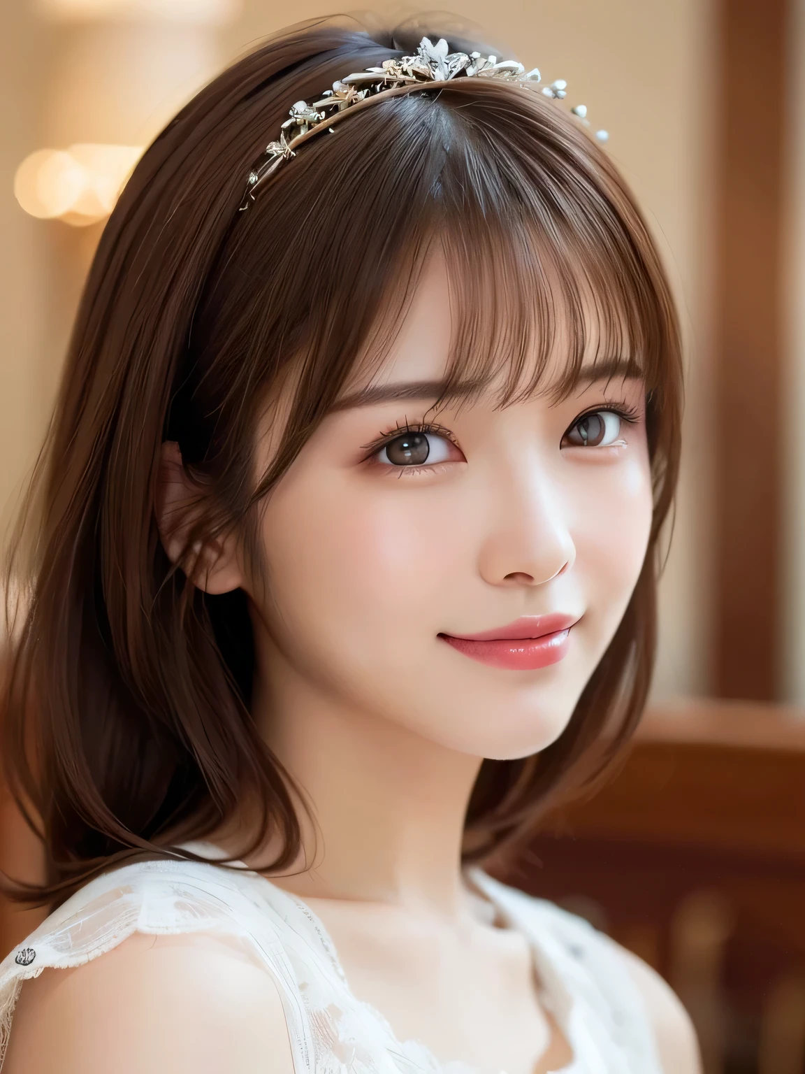 (highest quality:1.5), (Realistic:1.5), (1 person:1.5), (Medium Shot:1.5), Very detailed, High resolution, 8k wallpaper, , Modest Breasts, Natural color lips, Cute Smile, Japanese women, 20-year-old girl, Beautiful and elegant face, Perfect and beautiful face, Big eyes, Brunette's eyes, Beautiful and elegant face, Perfect and beautiful double eyelids, Natural Bangs, Beautiful thin nose, Beautiful Skin, chestnut brown hair, Medium Bob Hair, Shortcuts, Natural Bangs, Perfect and beautiful face, slim, (looking at the camera), Bright lighting, Professional Lighting, front lighting, Natural smile, church, White lace dress, tiara,