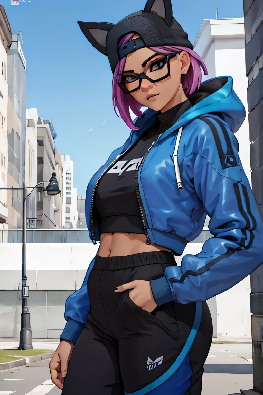 Lynx , sentada, ciberpunk noche , jogger pants , chaqueta Gris y Azul,Extremadamente detallado, rostro detallado, gafas ,hermoso rostro, ojos finos, mirando al espectador, pose femenino