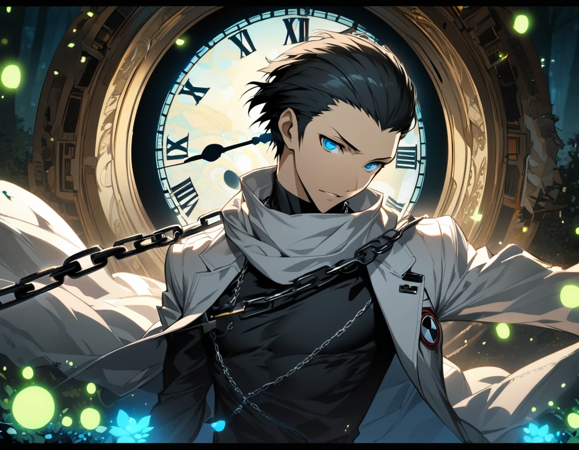 absurdres, highres, ultra detailed, HDR, master piece, best quality, extremely detailed face and eyes, soft features, perfect face, beautiful eyes, Mochizuki Ryoji, expressive blue eyes, black hair slicked back, Persona 3, solo, sexy man, handsome features, white coat, black tight shirt, white scarf, clock mechanical moon, fantasy, chains, fireflies, in wonderland